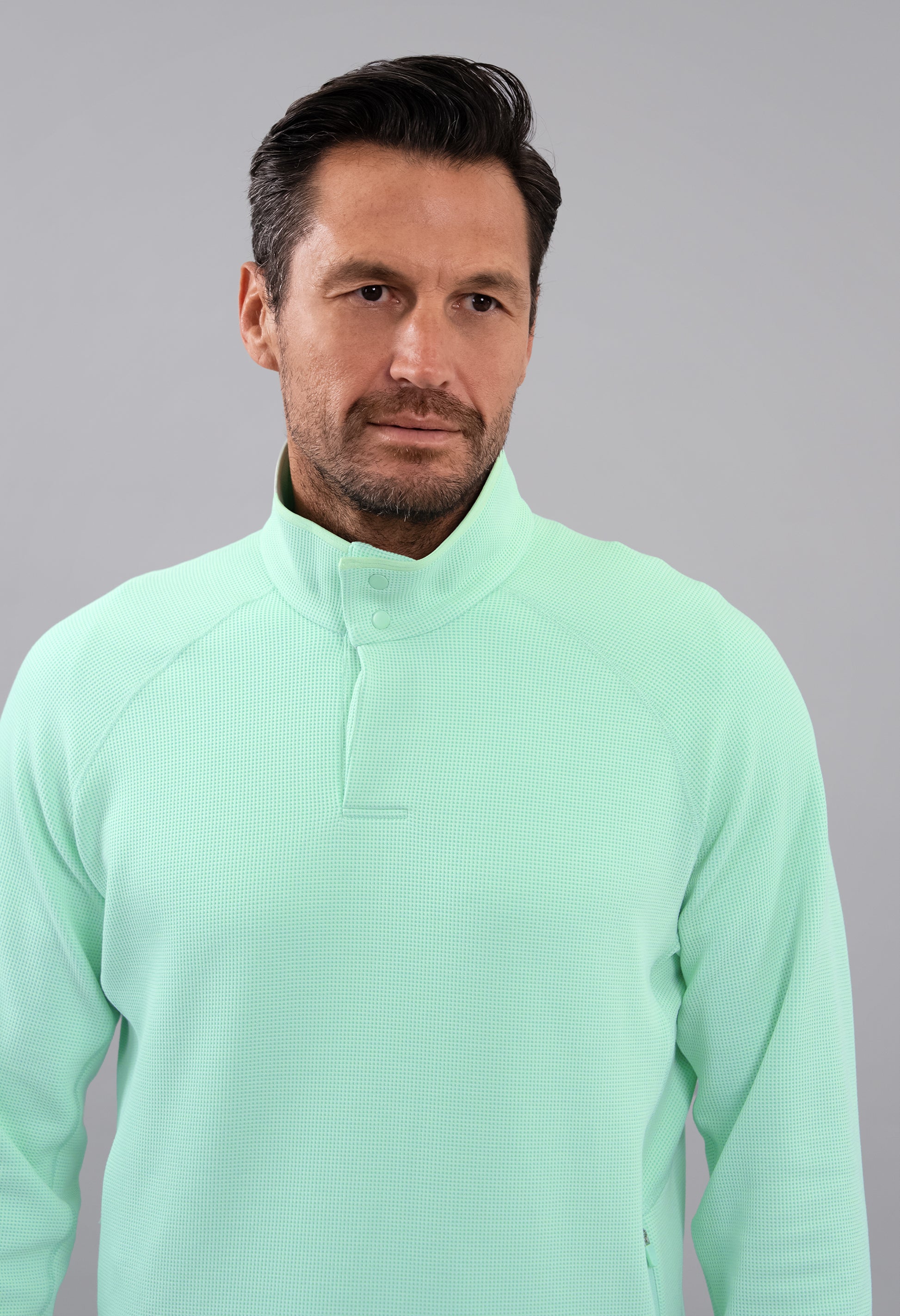 IBKÜL - Waffle Knit 1/4 Snap Mock Neck Top - Color: Pool Party Heather