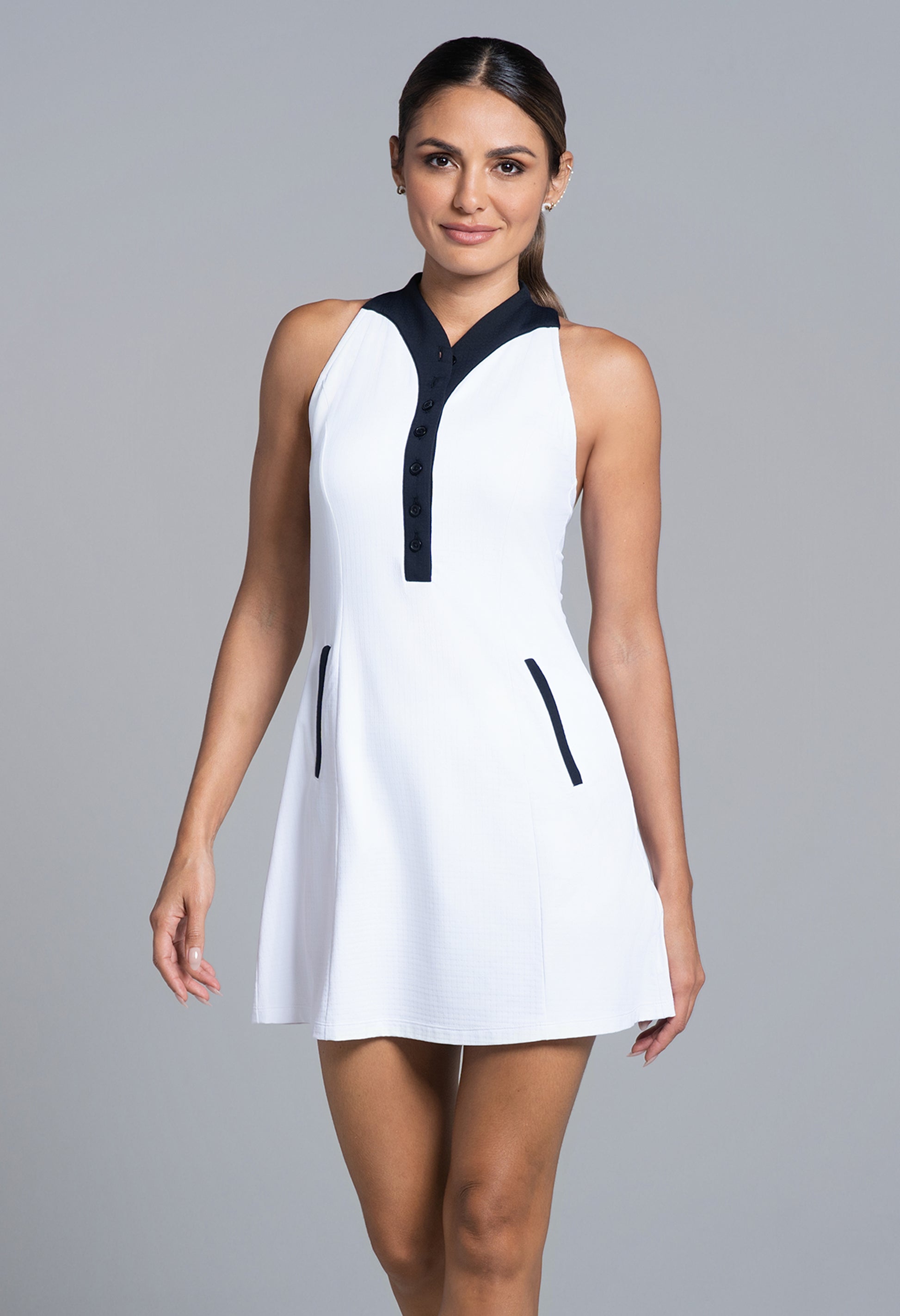 black white colour block dress Color Block Print Tennis Dress, White/Black / Color Block / S