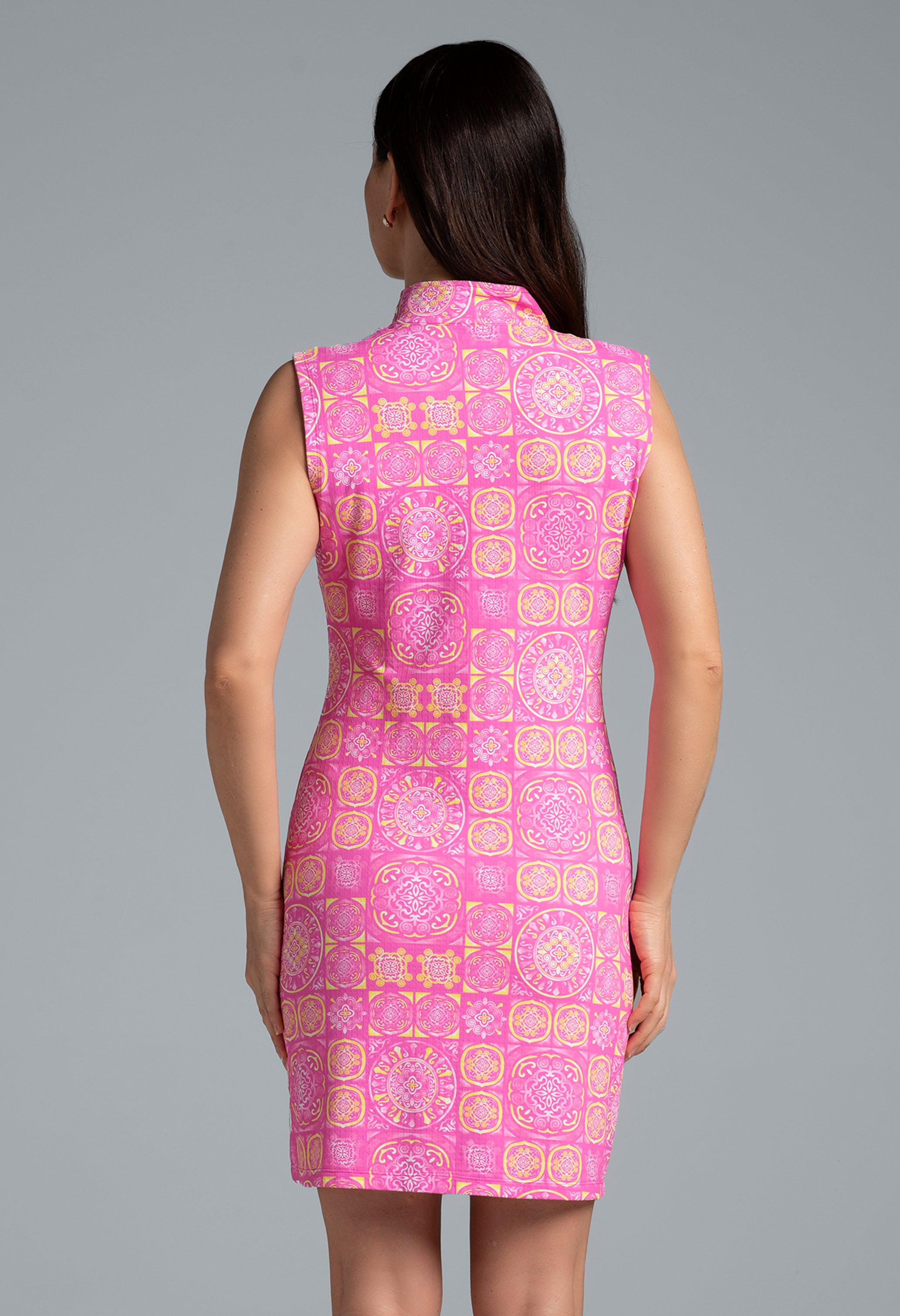 IBKÜL - Colette Print Sleeveless Mock Dress – 58090 - Color: Hot Pink/Yellow