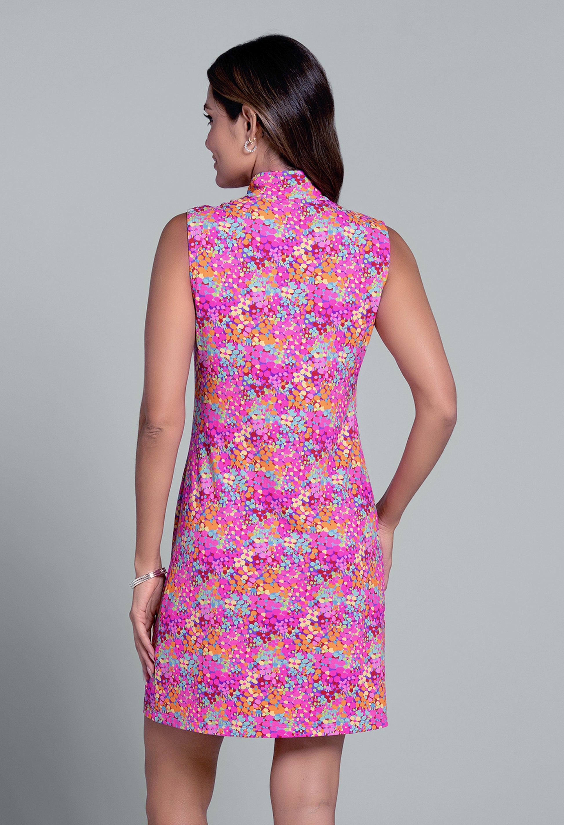 IBKÜL - Allana Print Sleeveless Mock Dress - Color: Hot Pink Multi