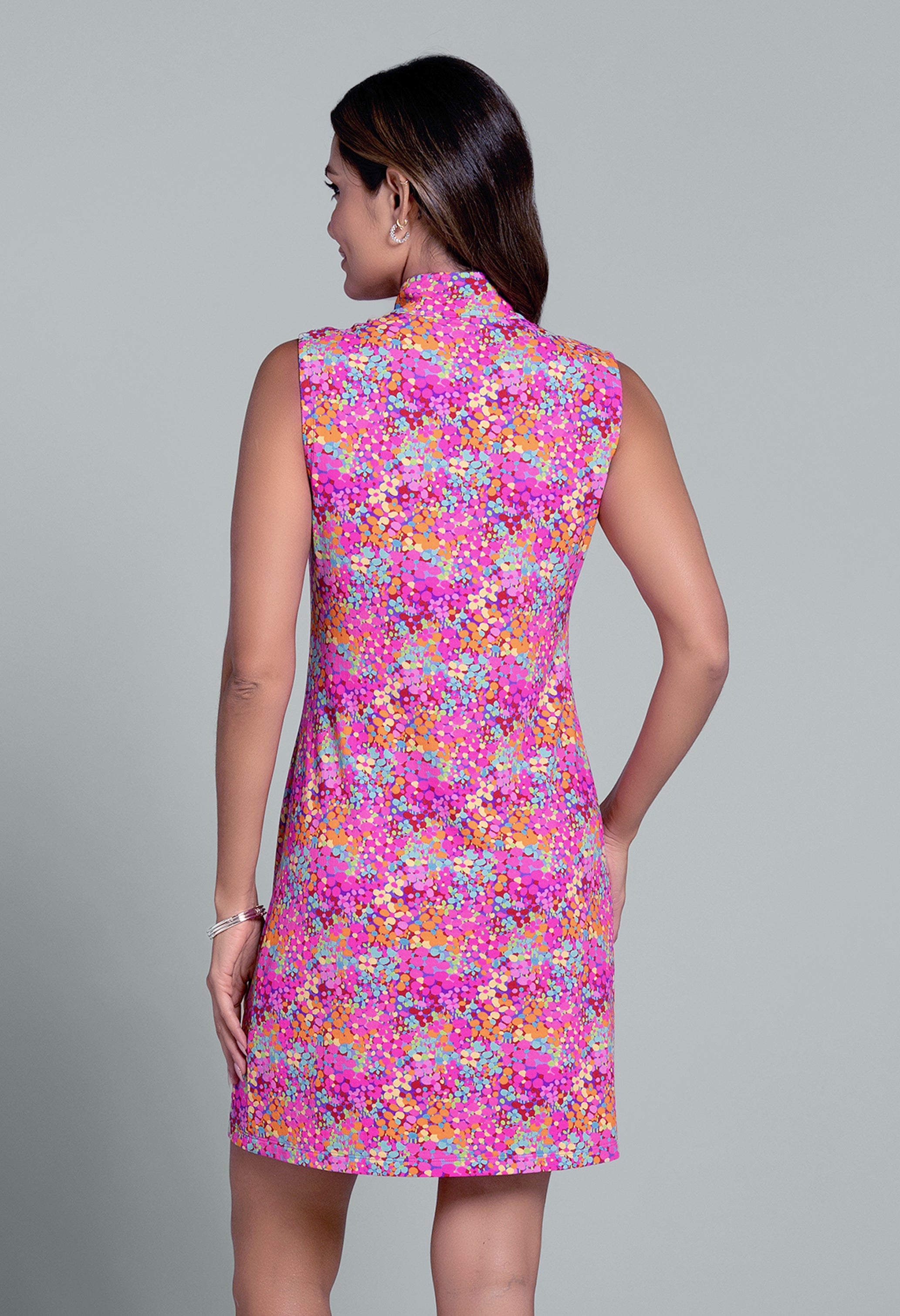 IBKÜL - Allana Print Sleeveless Mock Dress - Color: Hot Pink Multi