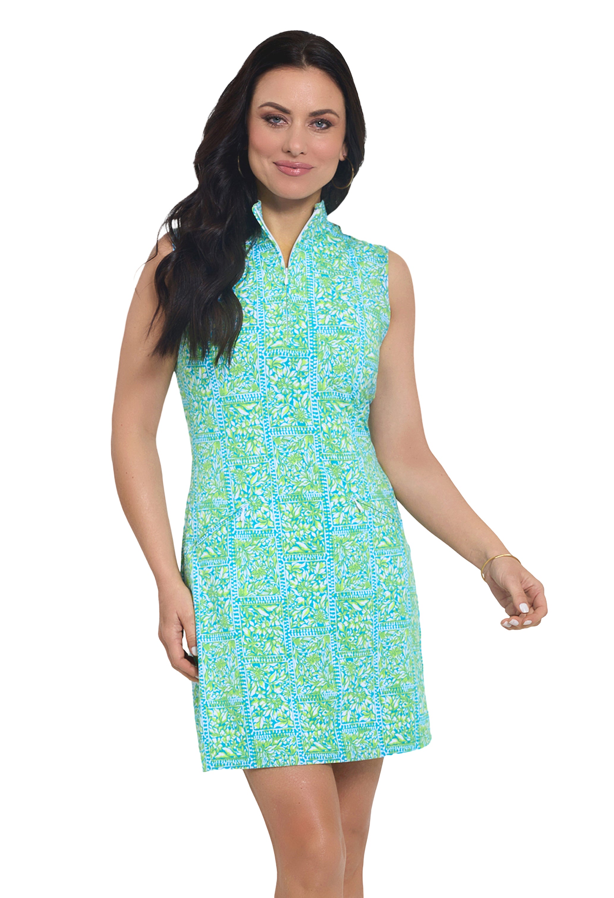 IBKÜL - Josie Print Sleeveless Mock Dress - Color: Turquoise/Lime