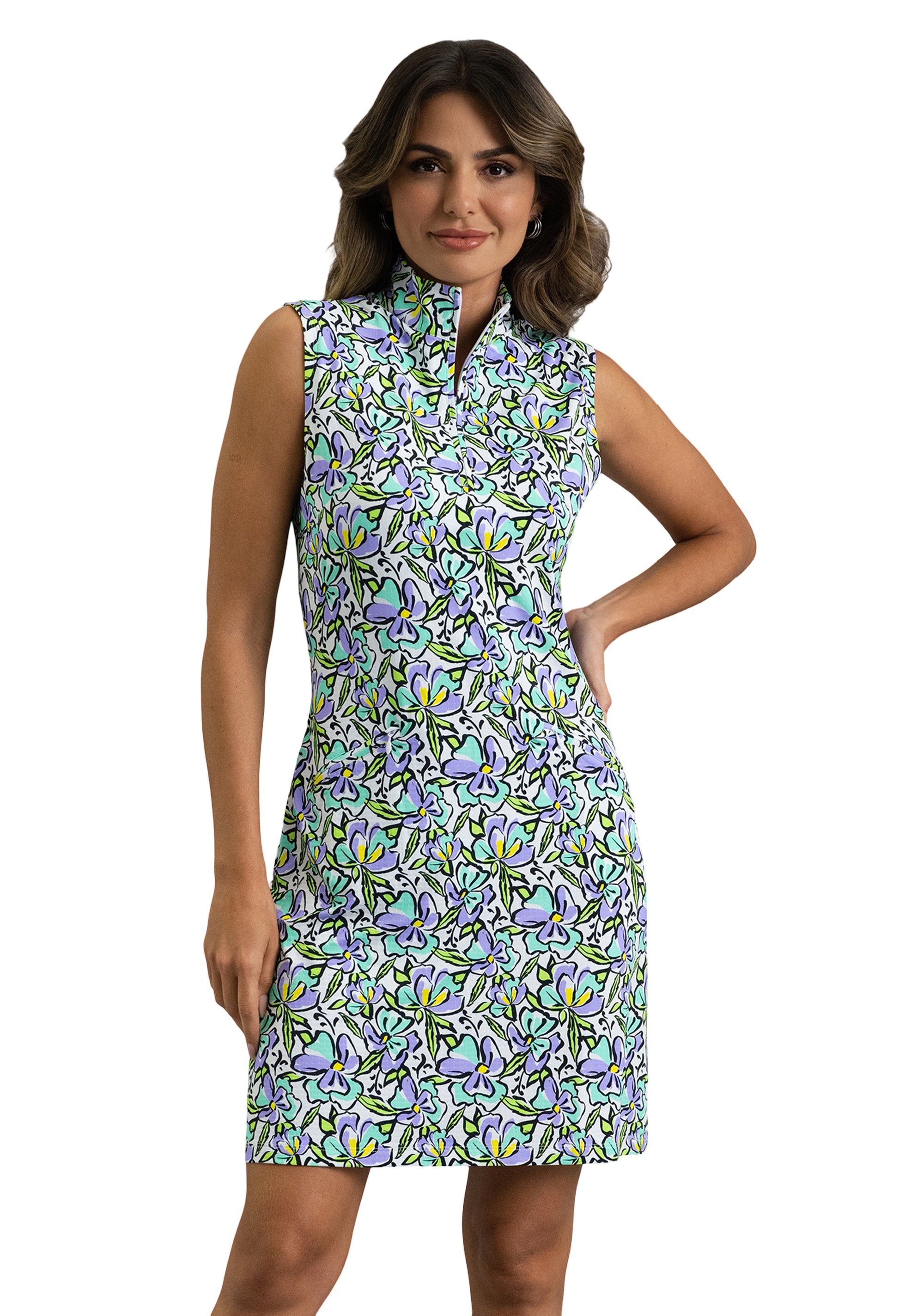 IBKÜL - Sonia Sleeveless Mock Neck Dress - Color: Jade/Lavender
