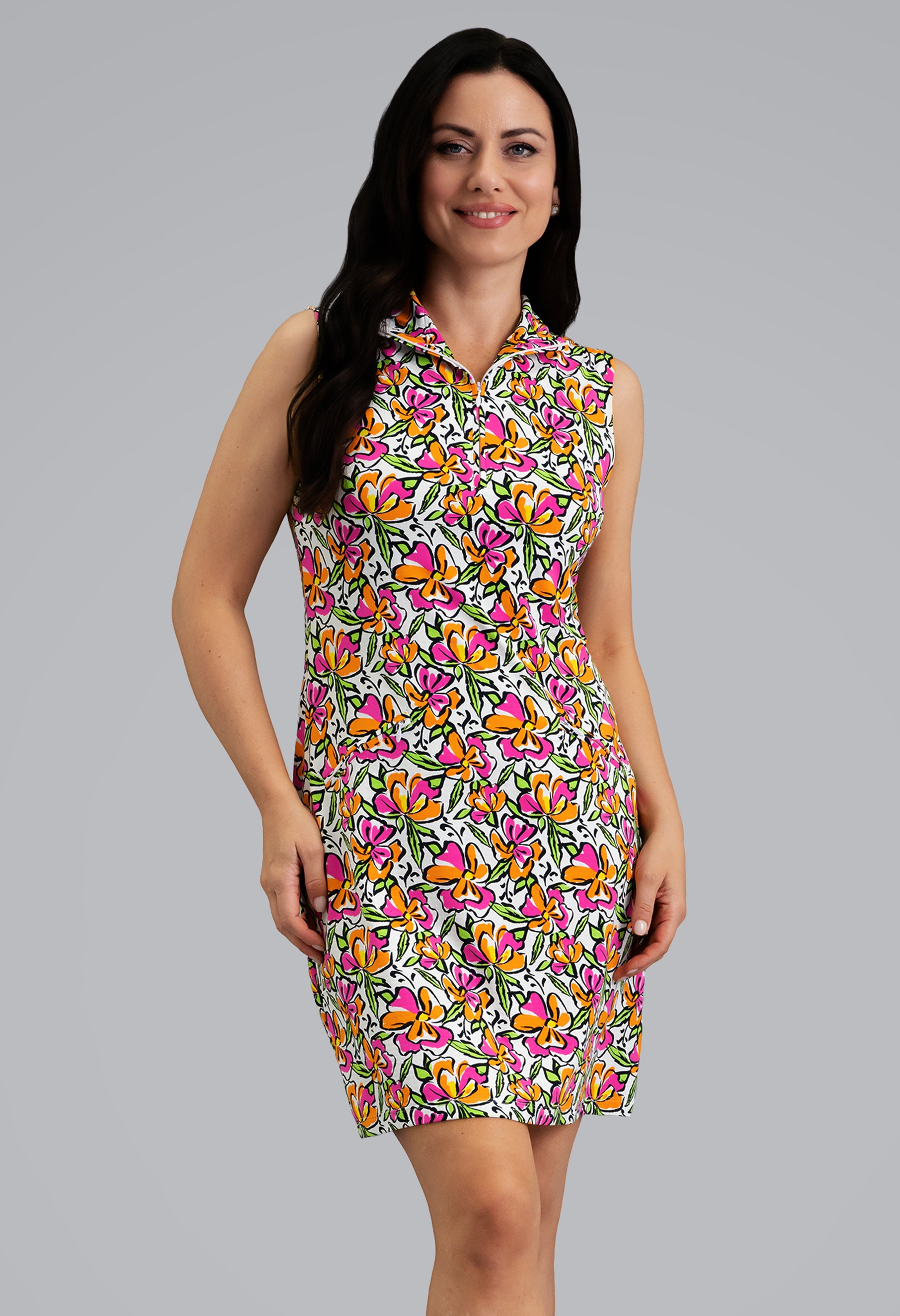 IBKÜL - Sonia Sleeveless Mock Neck Dress - Color: Hot Pink/Orange Peel