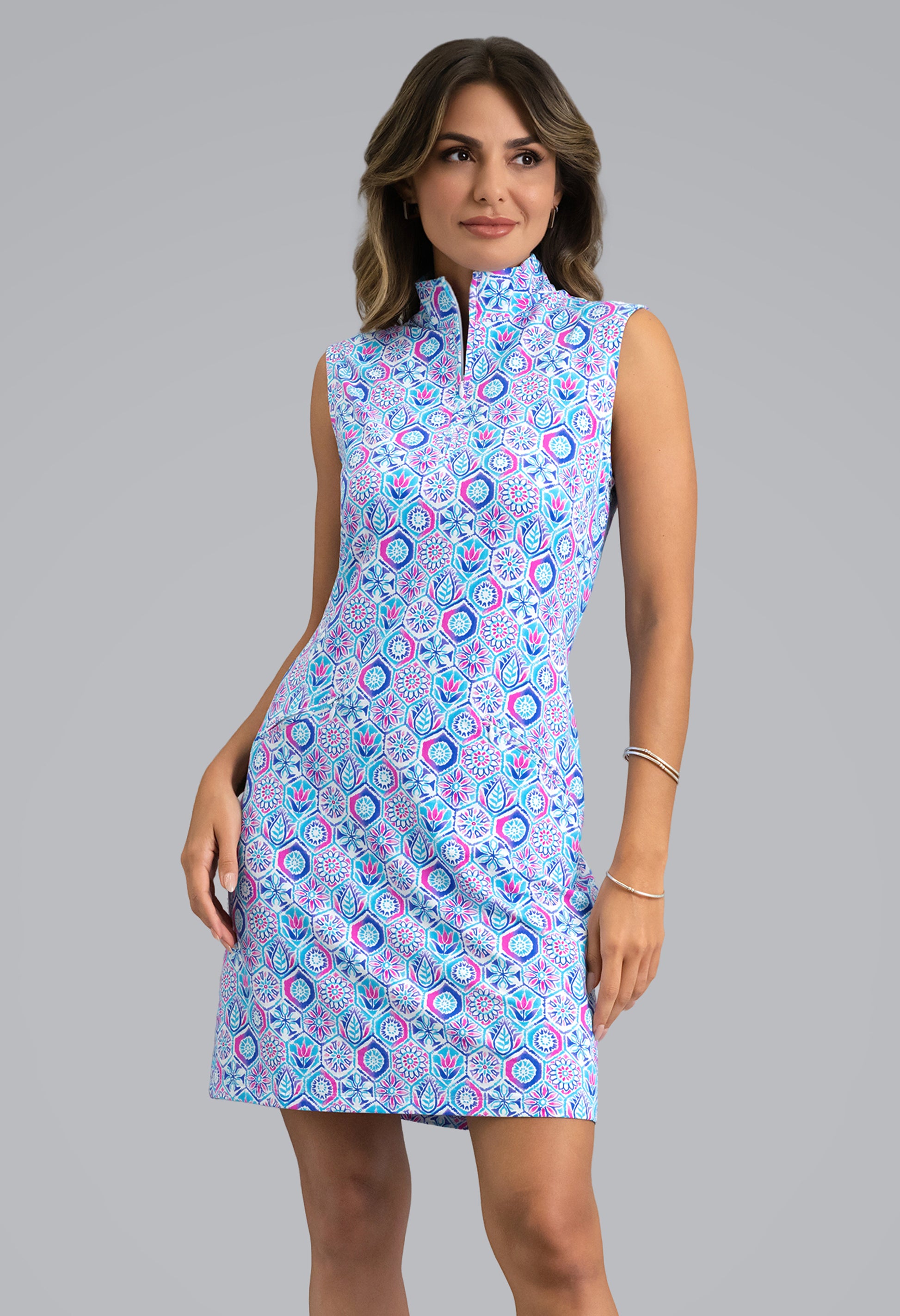 IBKÜL - Alexis Sleeveless Mock Neck Dess - Color: Turquoise Multi