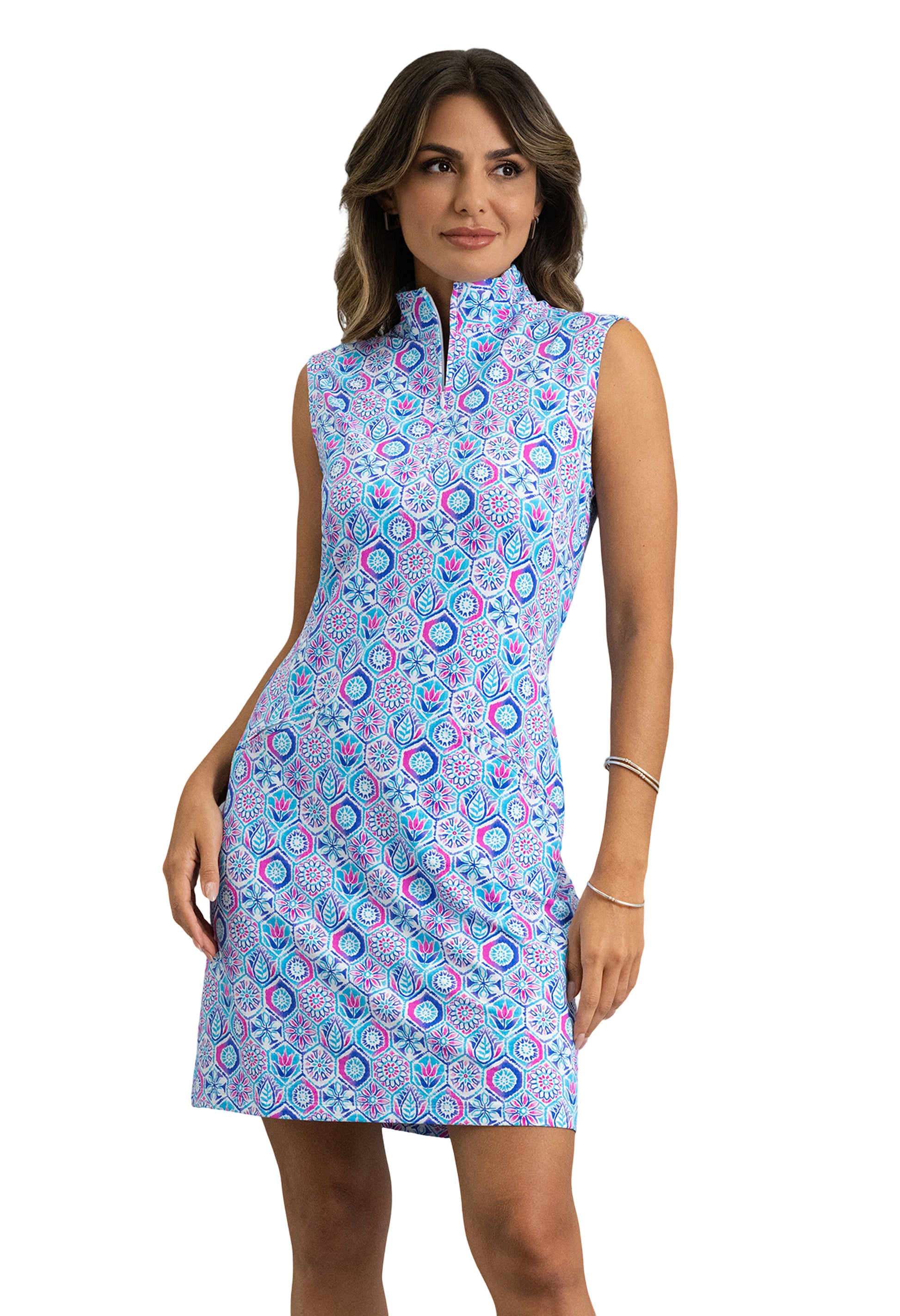 IBKÜL - Alexis Sleeveless Mock Neck Dess - Color: Turquoise Multi