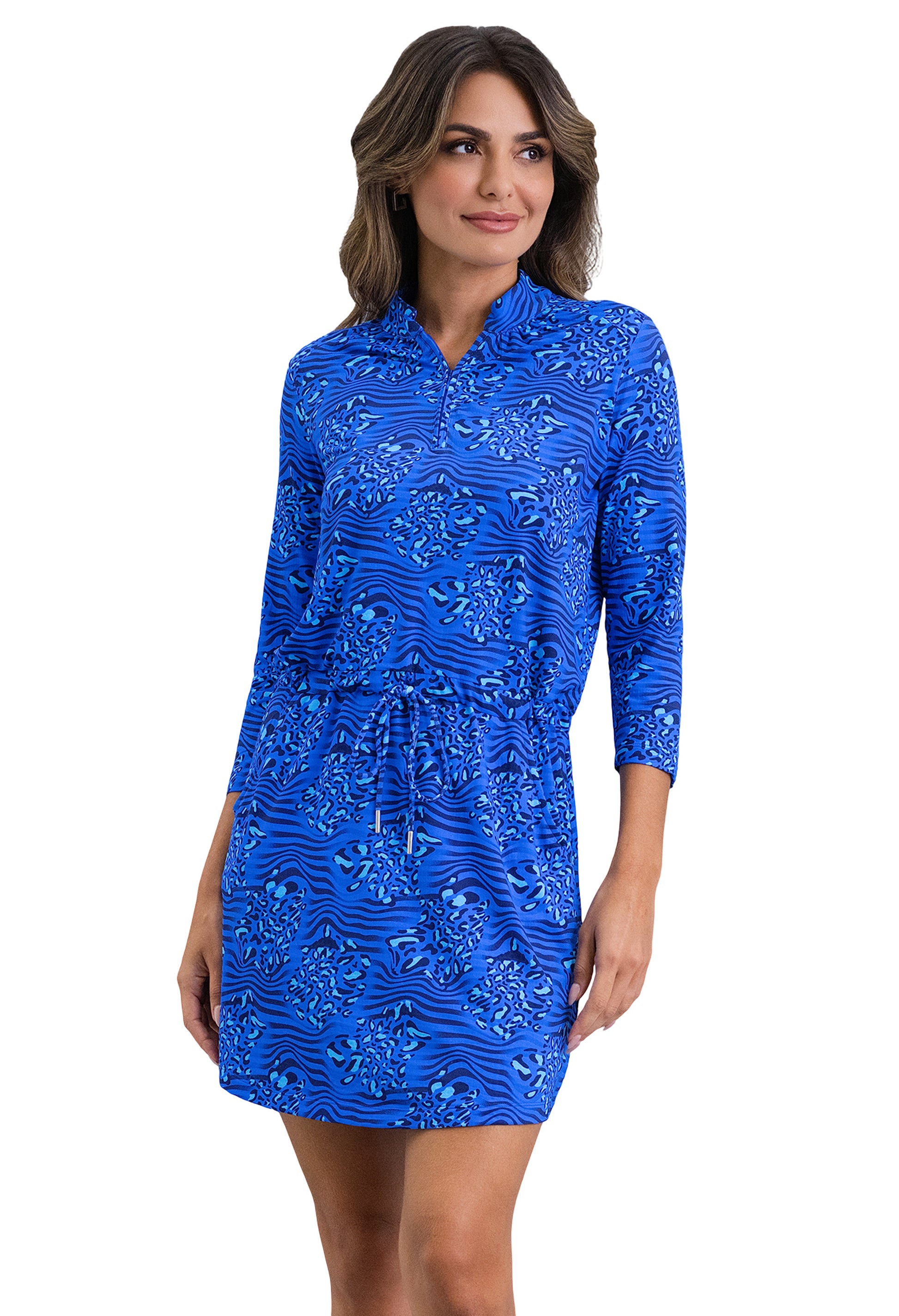IBKÜL - Yun 3/4 Sleeve Drawstring Dress - Color: Blue