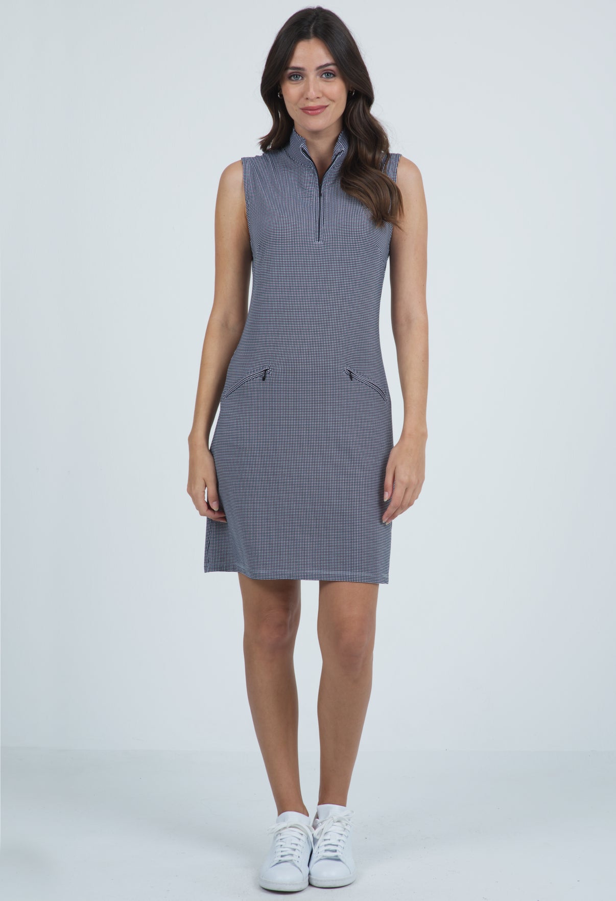 IBKÜL - Mini Check Print Sleeveless Mock Neck Dress - 58754 - Color: Black/White