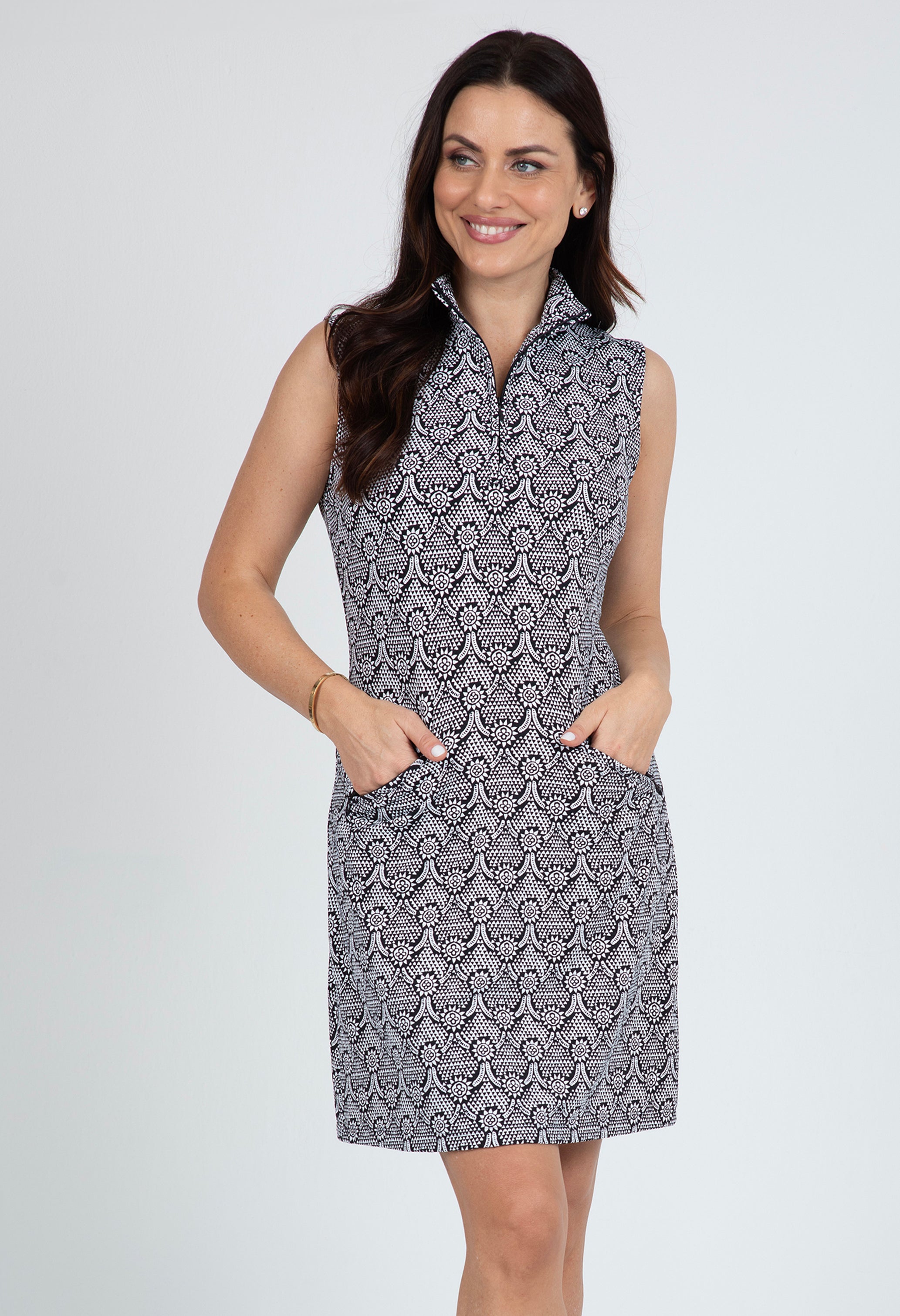 IBKÜL - Leslie Print Sleeveless Mock Dress – 58868 - Color: Black/White