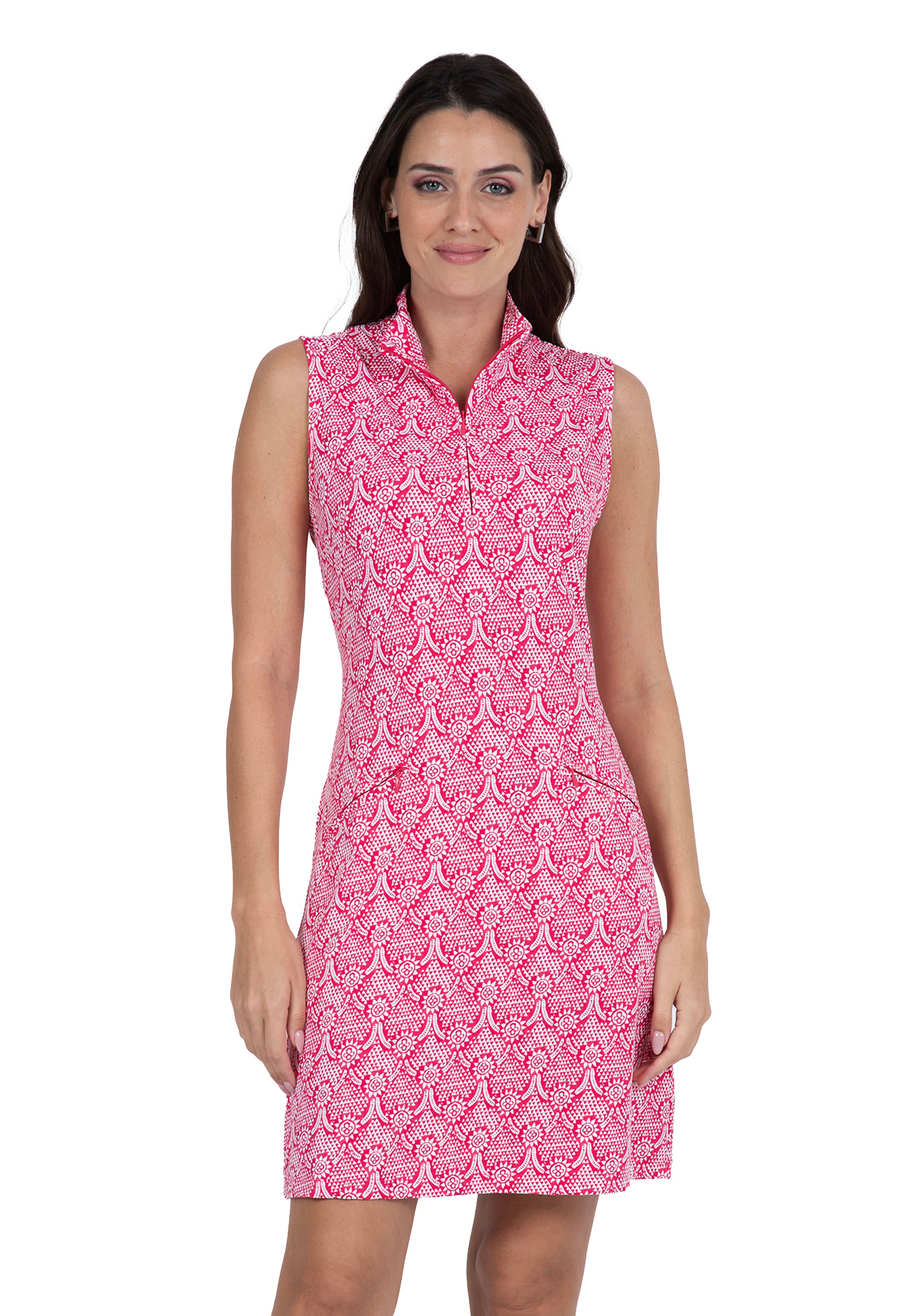 IBKÜL - Leslie Print Sleeveless Mock Dress – 58868 - Color: Watermelon/White