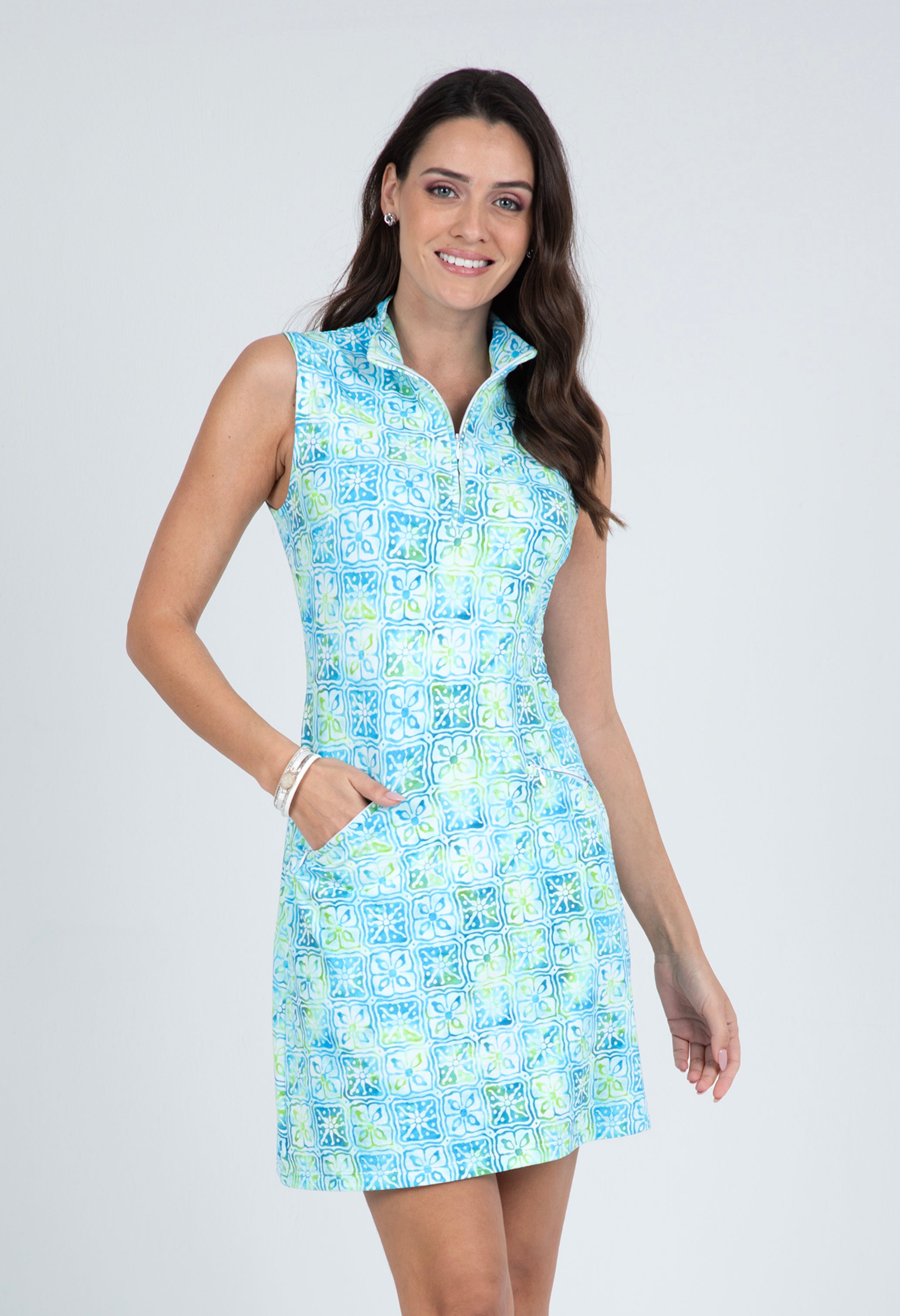 IBKÜL - Kathy Print Sleeveless Mock Dress – 58871 - Color: Turquoise/Lime