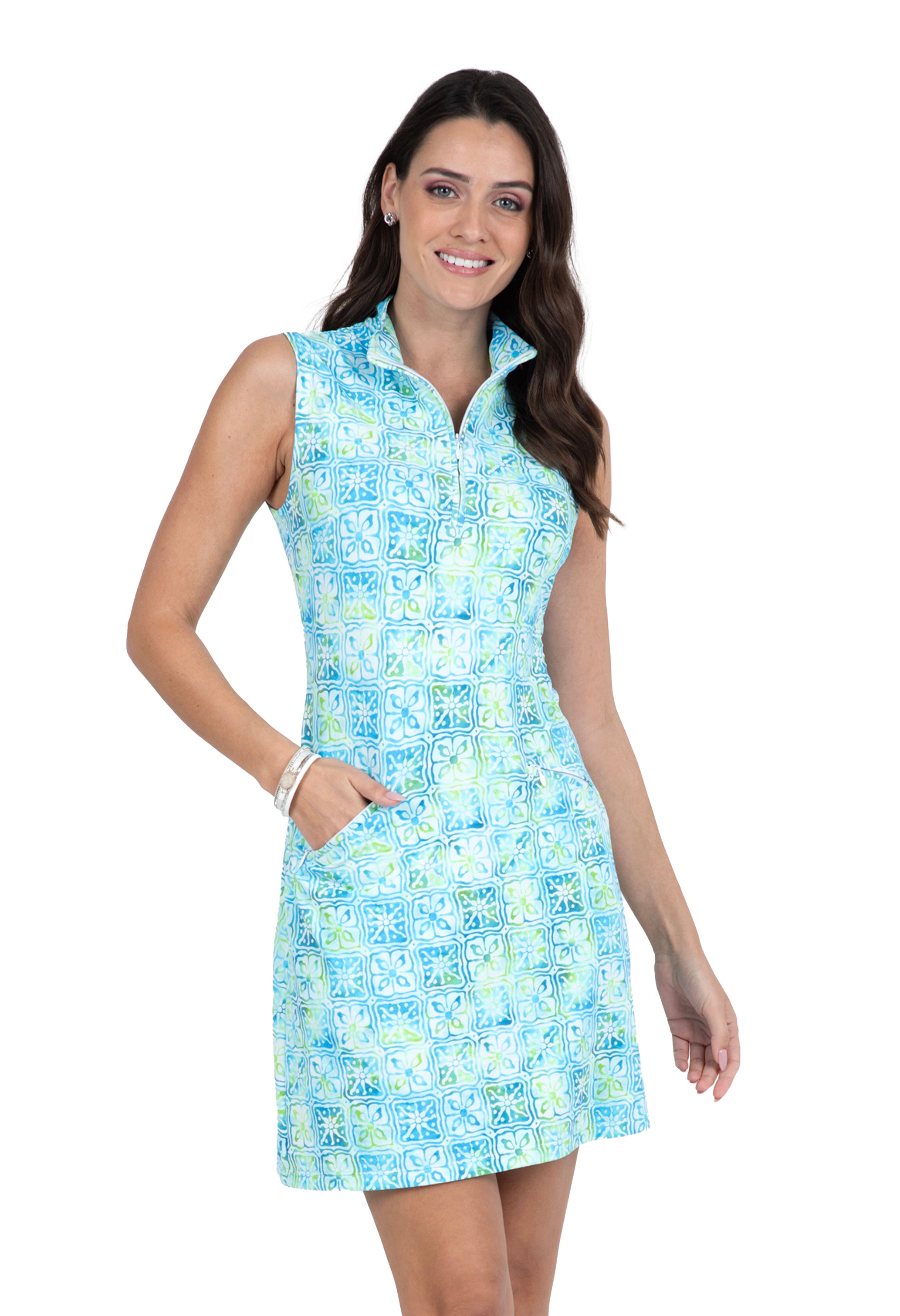 IBKÜL - Kathy Print Sleeveless Mock Dress – 58871 - Color: Turquoise/Lime