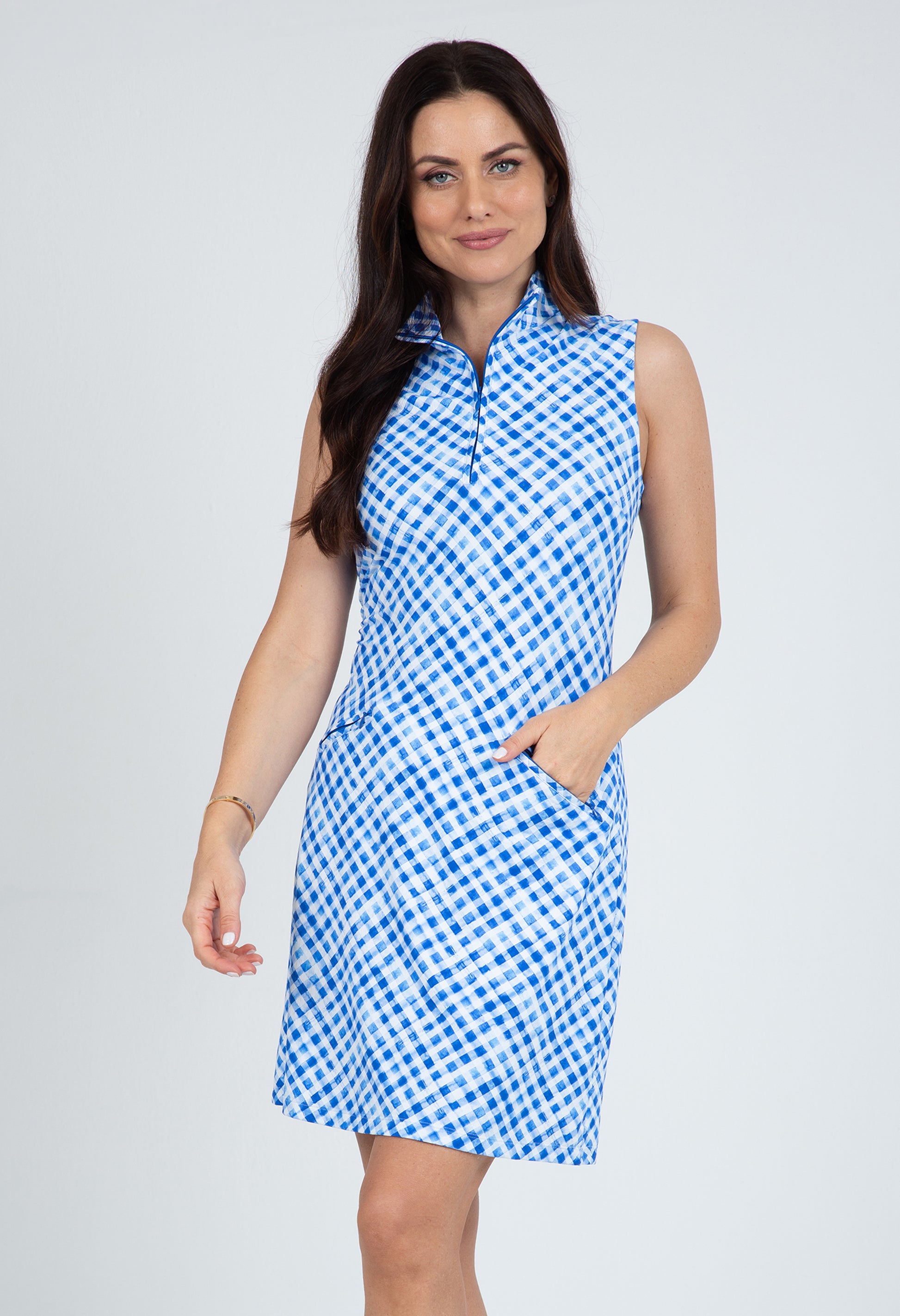 IBKUL Women's Gingham Check Print Sleeveless Mock Golf Dress, Small, Turquoise/White IBKUL Women's Gingham Check Print Sleeveless Mock Golf Dress, Small, Turquoise/White
