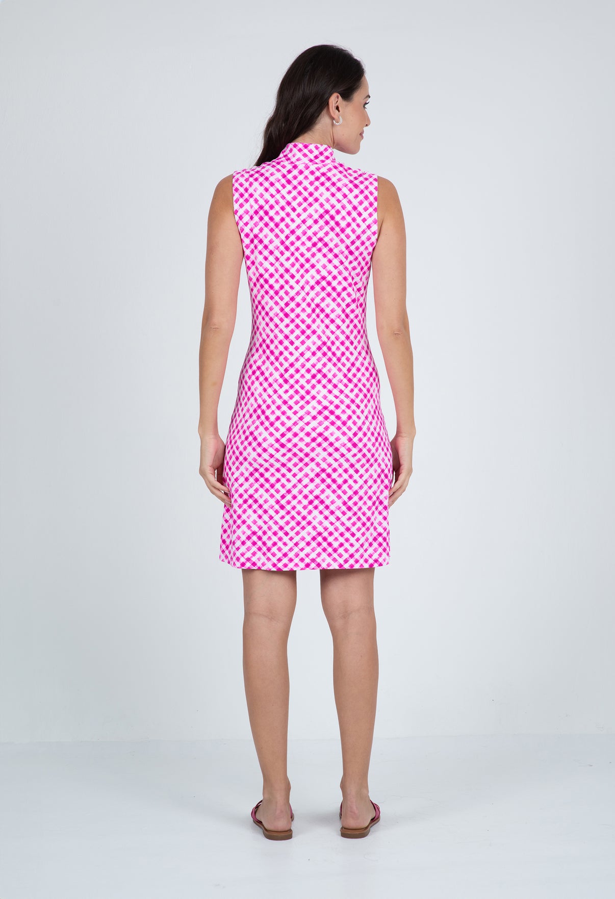 IBKÜL - Gingham Check Print Sleeveless Mock Dress – 58876 - Color: Hot Pink/White