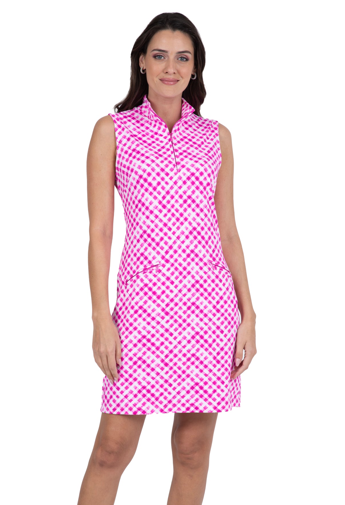 IBKÜL - Gingham Check Print Sleeveless Mock Dress – 58876 - Color: Hot Pink/White