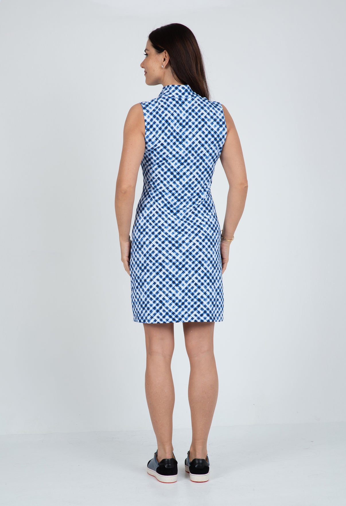 IBKÜL - Gingham Check Print Sleeveless Mock Dress – 58876 - Color: Navy/White