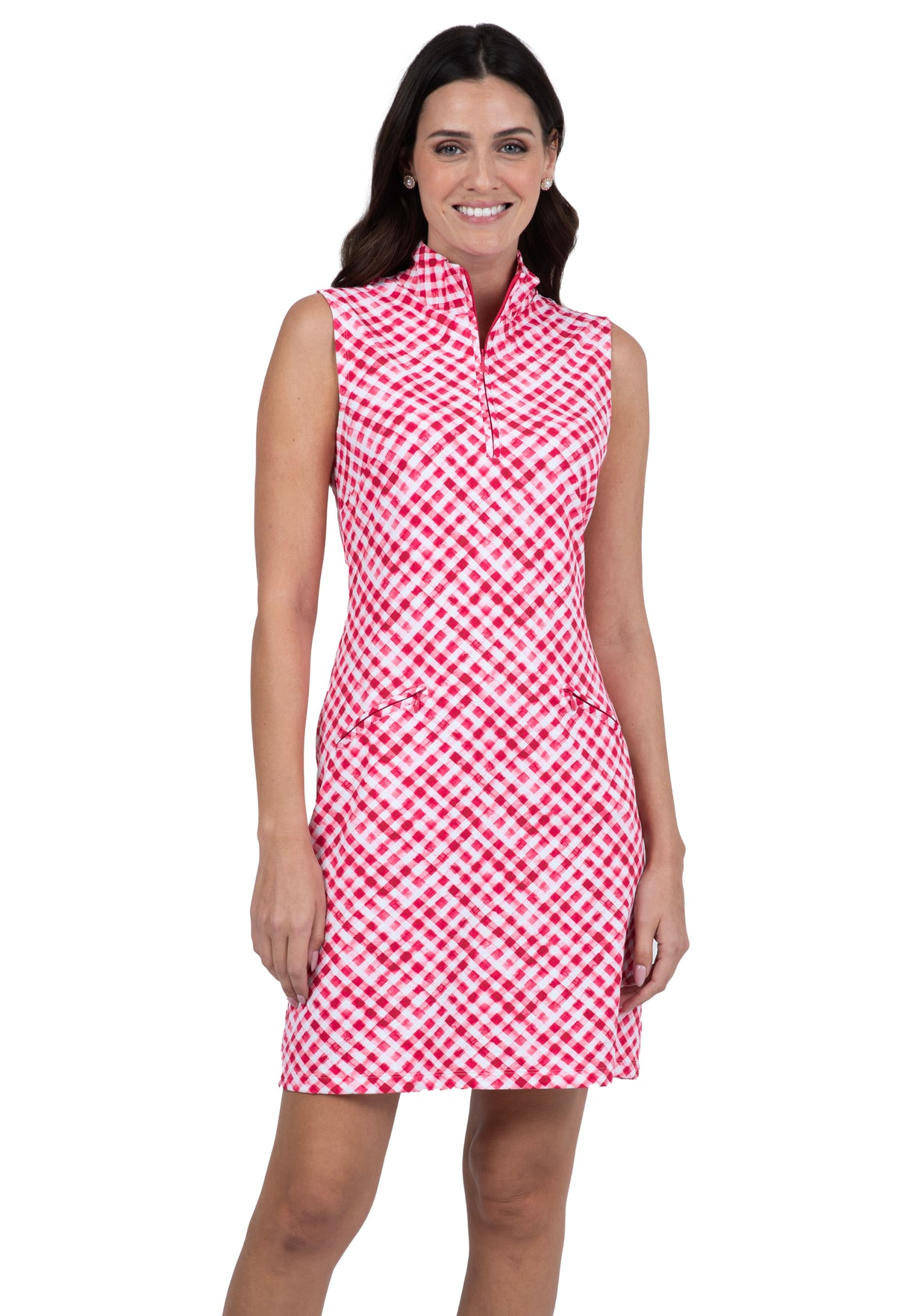 IBKÜL - Gingham Check Print Sleeveless Mock Dress – 58876 - Color: Red/White