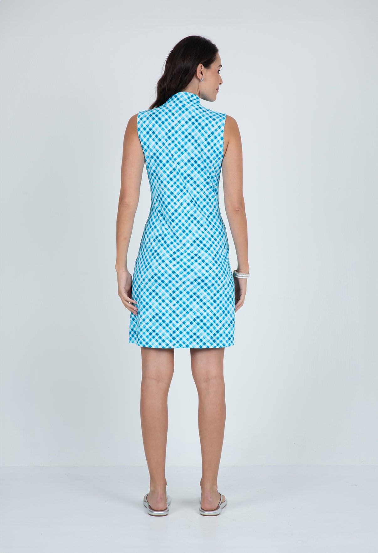 IBKÜL - Gingham Check Print Sleeveless Mock Dress – 58876 - Color: Turq/White