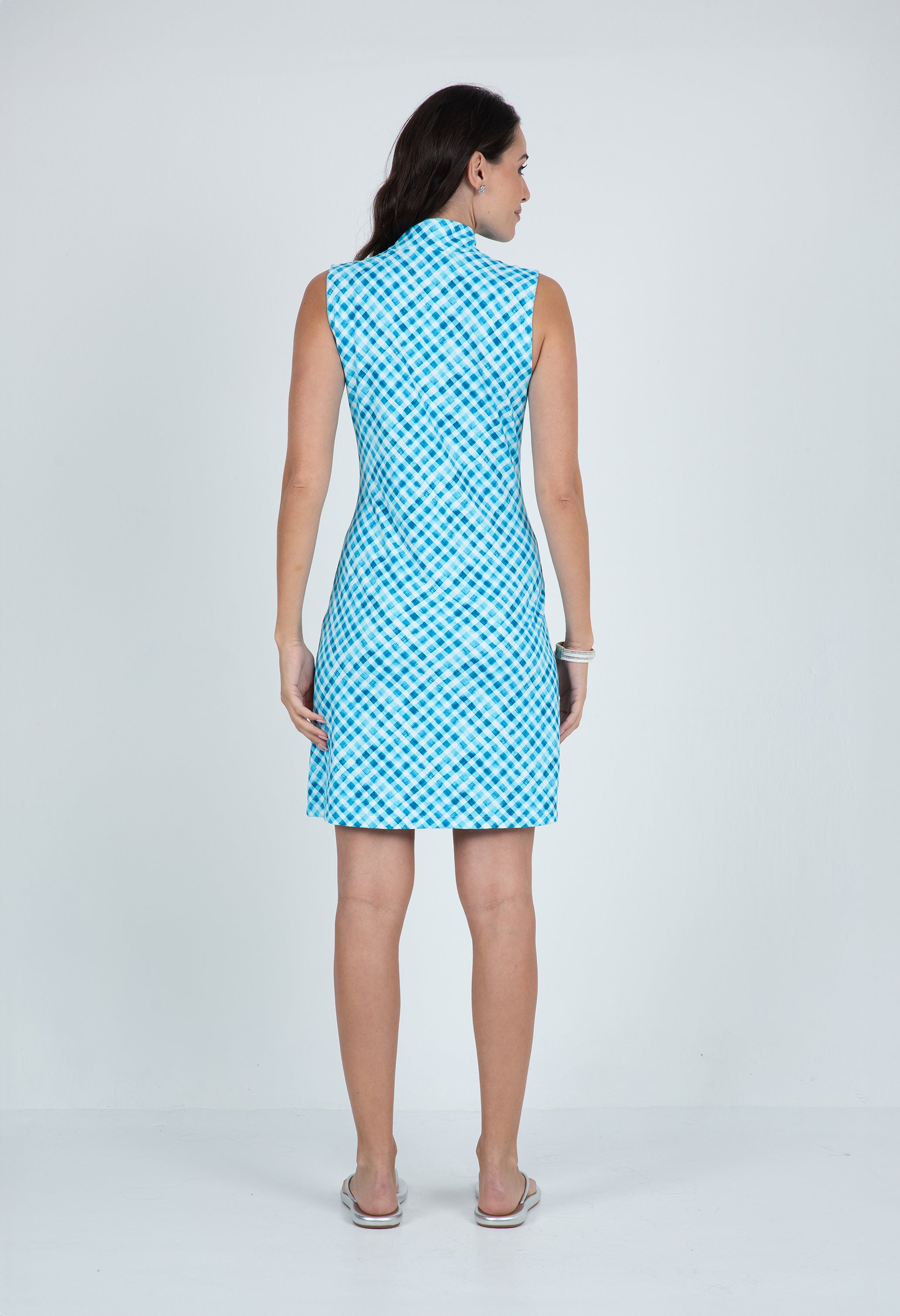 IBKÜL - Gingham Check Print Sleeveless Mock Dress – 58876 - Color: Turq/White