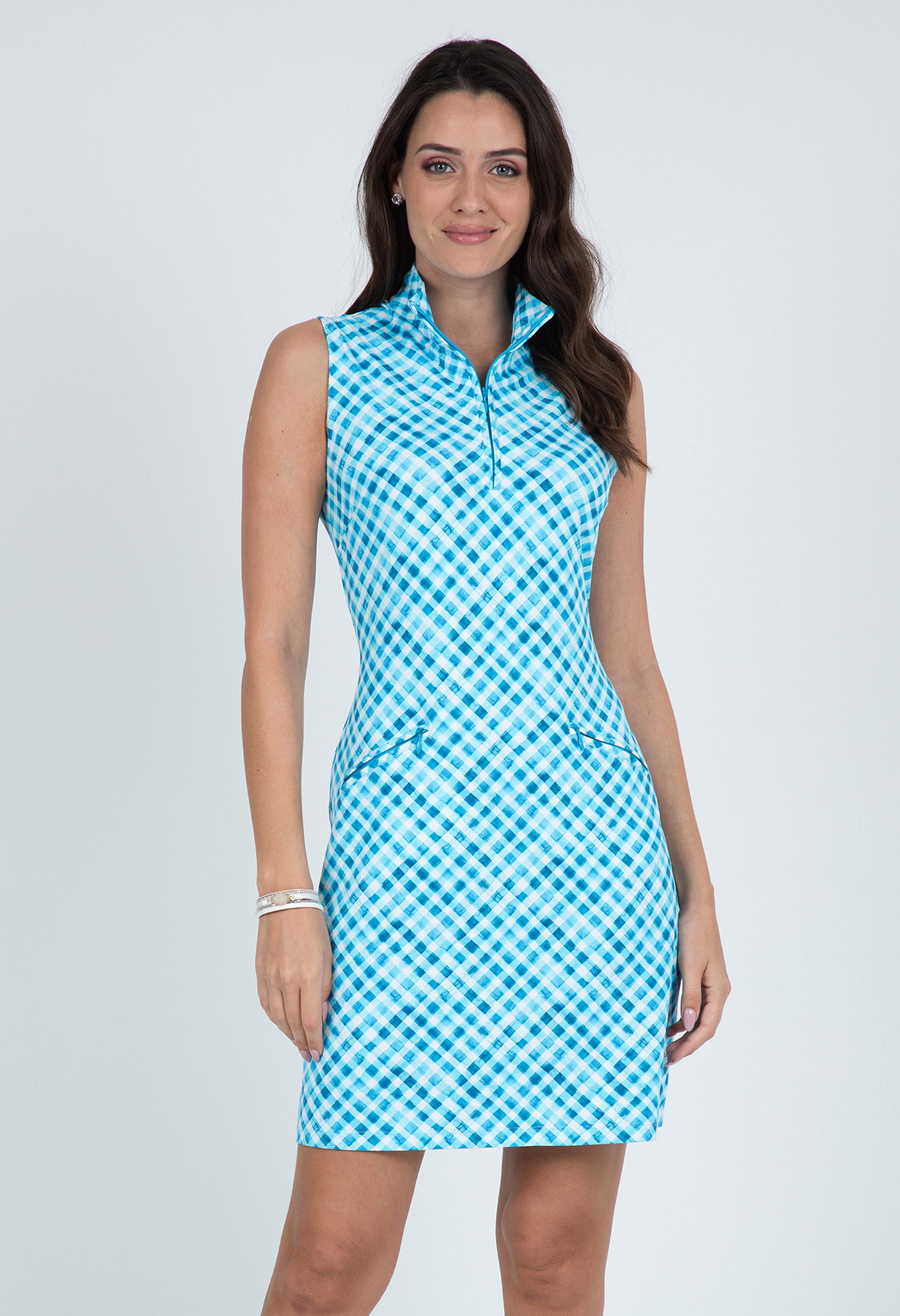 IBKUL Women's Gingham Check Print Sleeveless Mock Golf Dress, Small, Turquoise/White IBKUL Women's Gingham Check Print Sleeveless Mock Golf Dress, Small, Turquoise/White