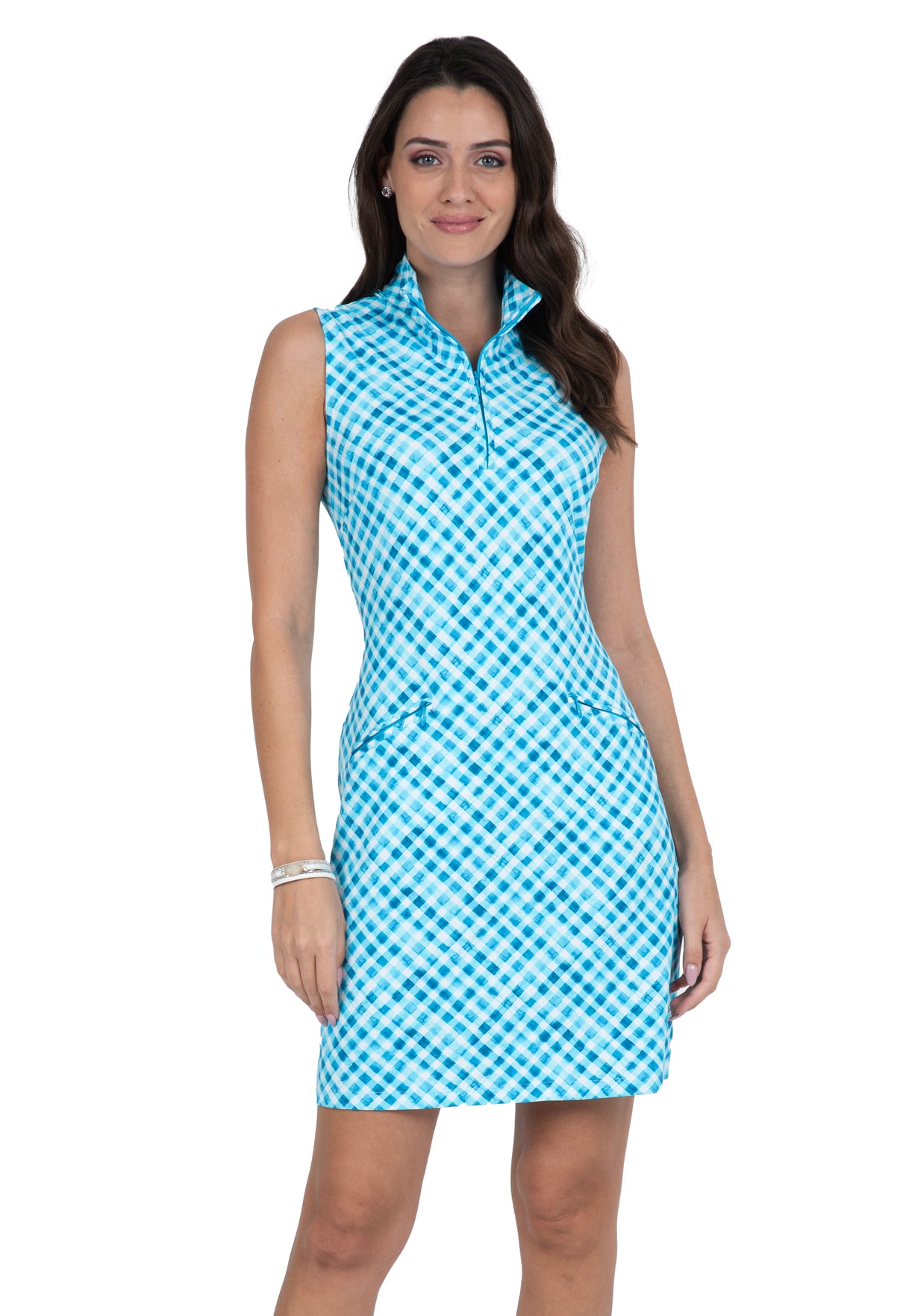 IBKÜL - Gingham Check Print Sleeveless Mock Dress – 58876 - Color: Turq/White