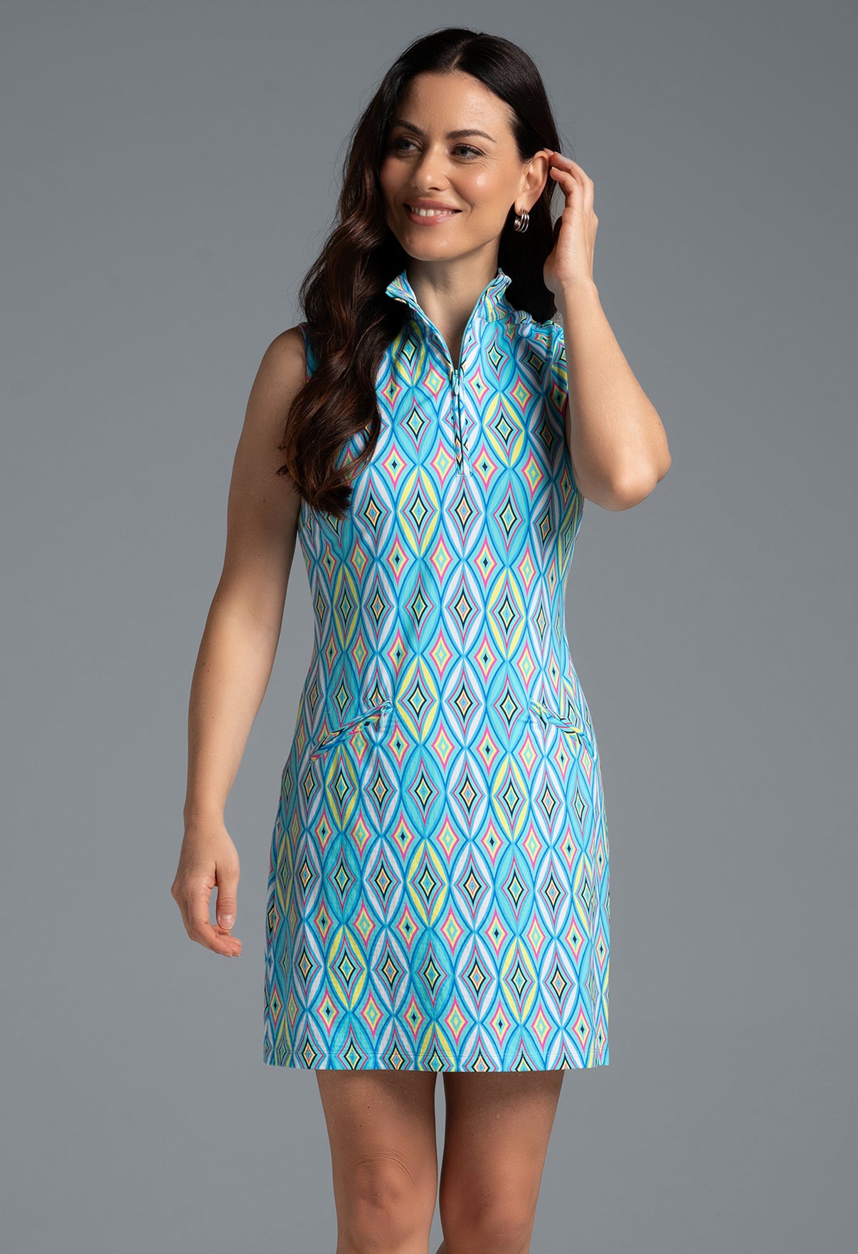 IBKÜL - Romina Print Sleeveless Mock Dress – 58931 - Color: Seafoam Multi