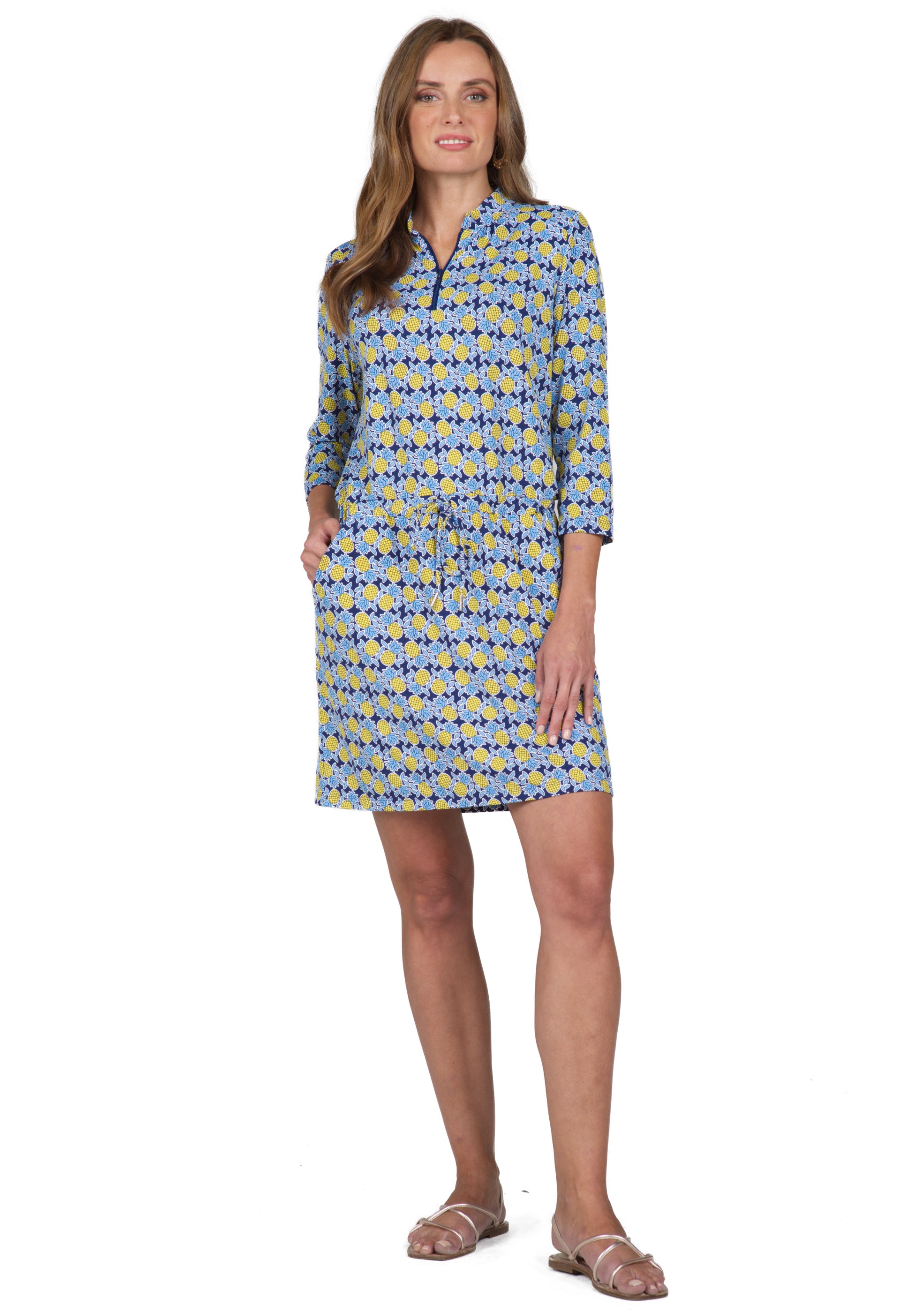 Chantal Print ¾ Sleeve Drawstring Dress – 62540