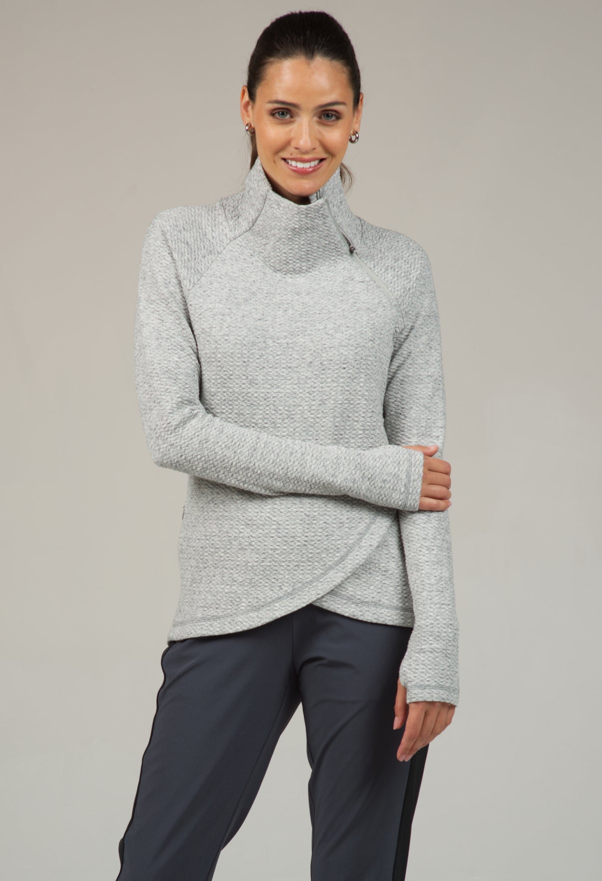 IBKÜL - Solid Popcorn Stitch Asymmetrical Zip Pullover - 64000 - Color: Oxford