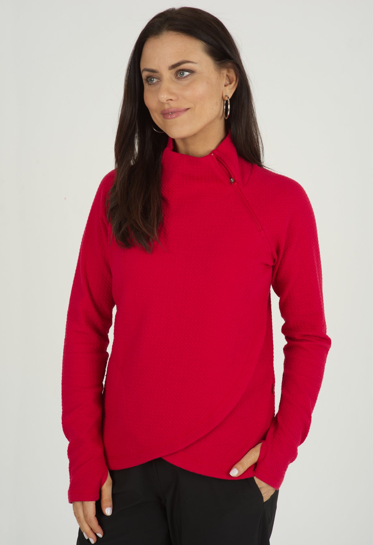IBKÜL - Solid Popcorn Stitch Asymmetrical Zip Pullover - 64000 - Color: Red