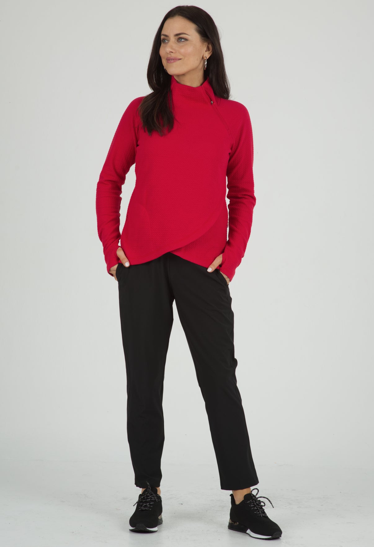 IBKÜL - Solid Popcorn Stitch Asymmetrical Zip Pullover - 64000 - Color: Red