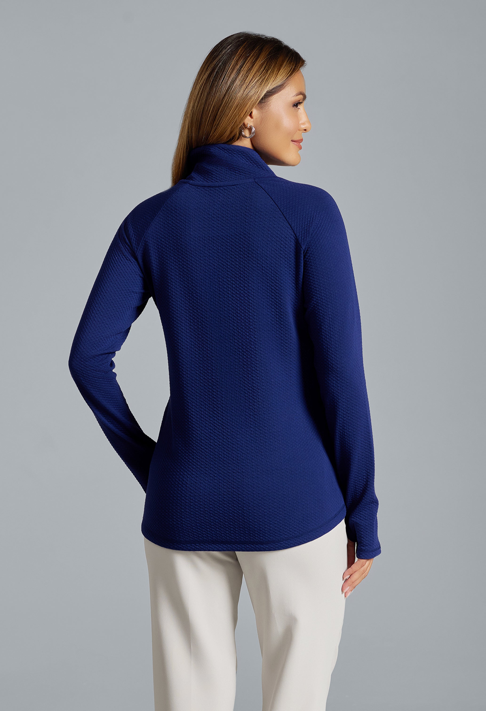 IBKÜL - Solid Popcorn Stitch Asymmetrical Zip Pullover - 64001 - Color: Navy