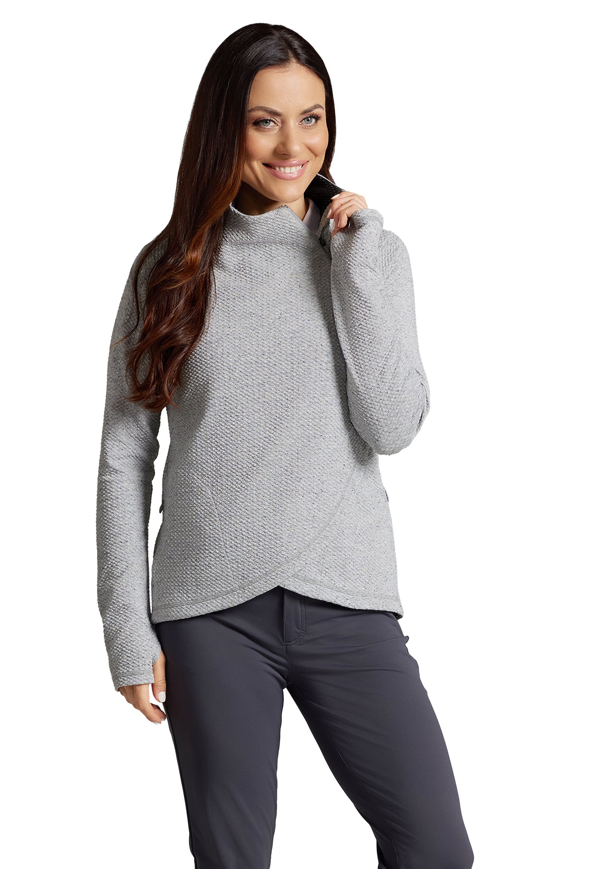 IBKÜL - Solid Popcorn Stitch Asymmetrical Zip Pullover - 64001 - Color: Oxford