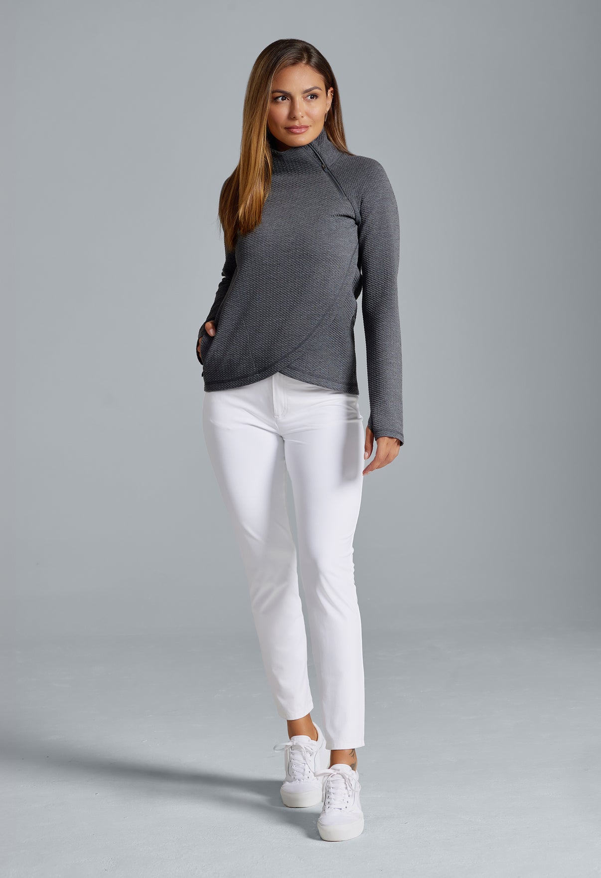 IBKÜL - Solid Popcorn Stitch Asymmetrical Zip Pullover - 64001 - Color: Black