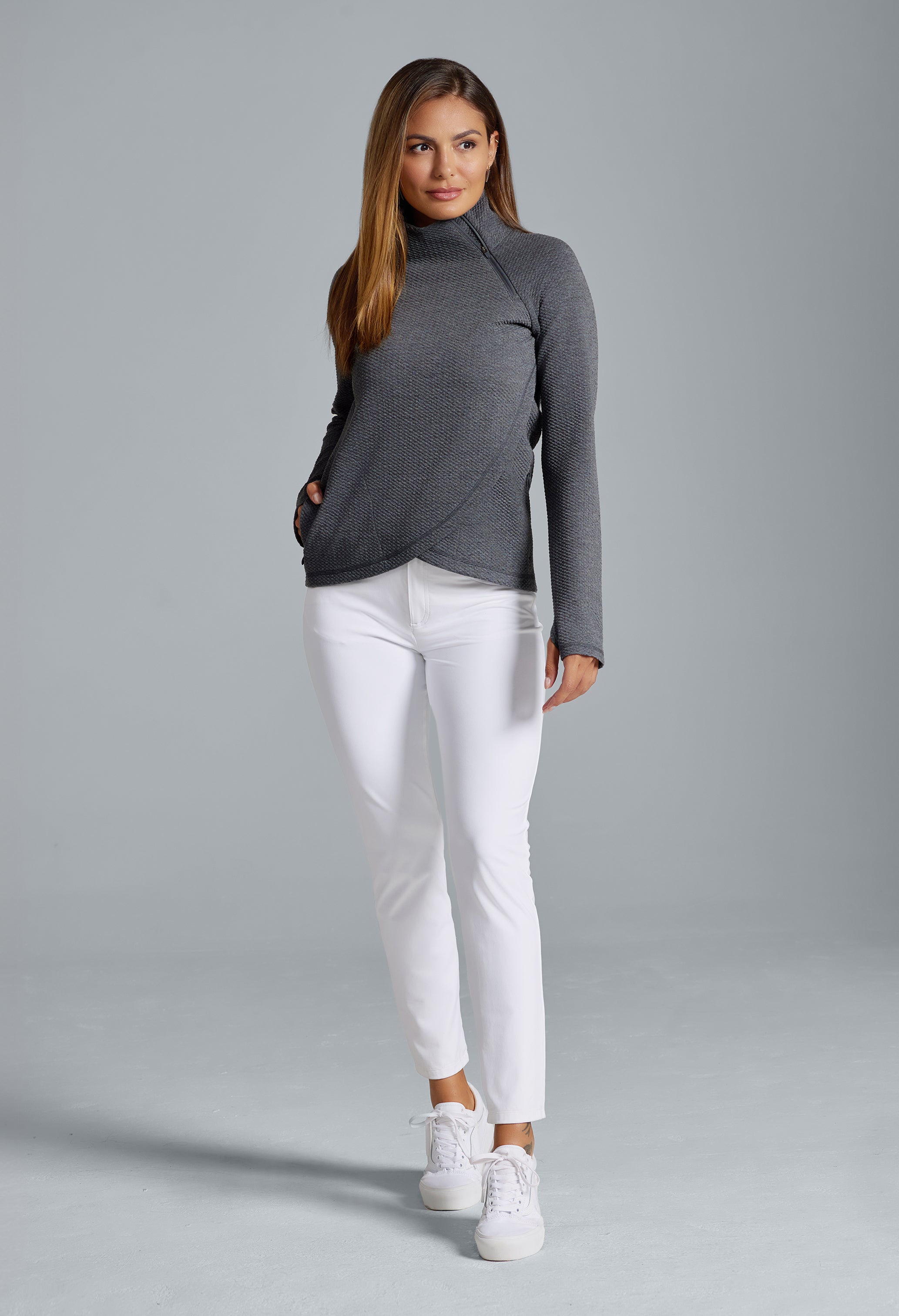 IBKÜL - Solid Popcorn Stitch Asymmetrical Zip Pullover - 64001 - Color: Black