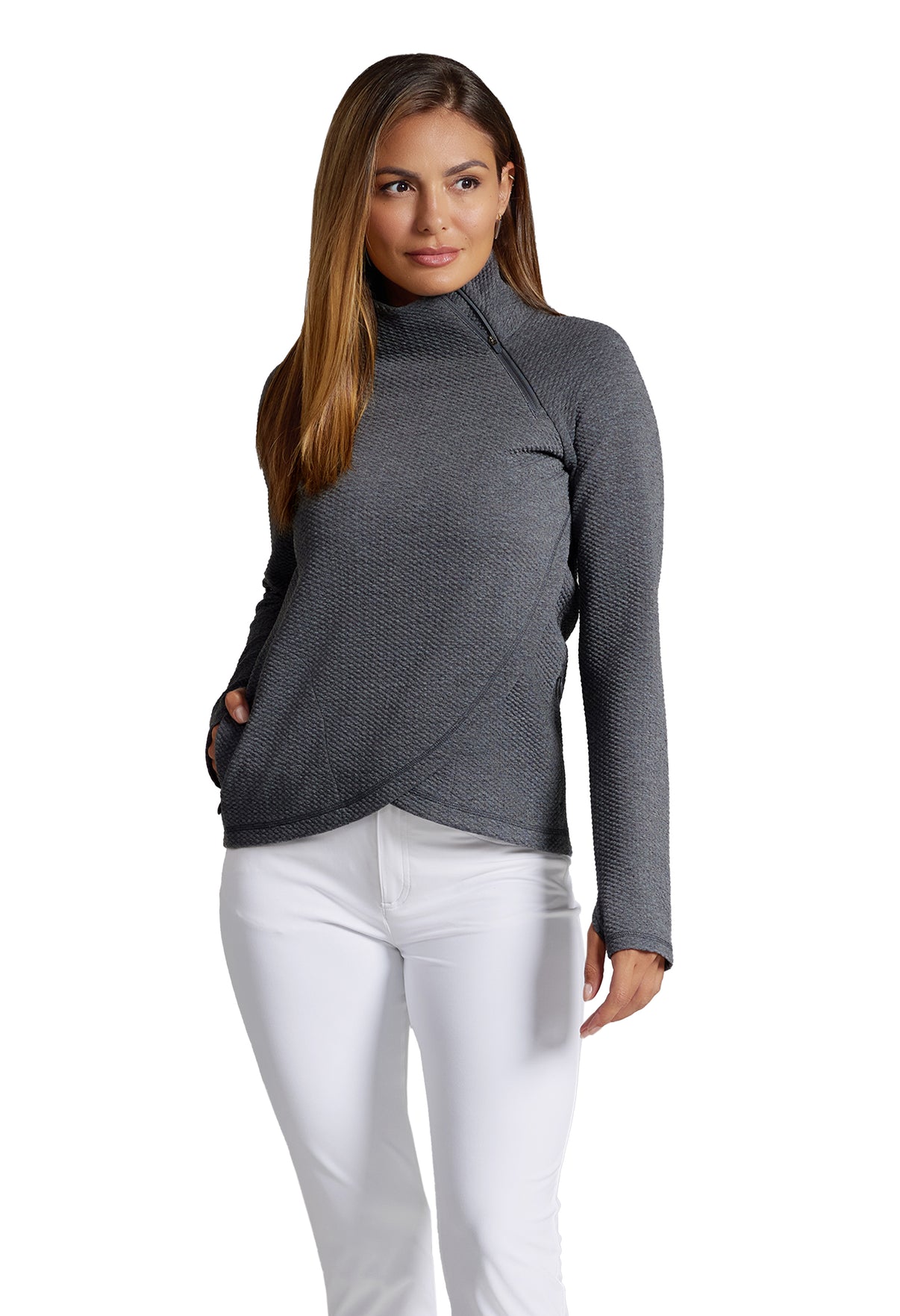 IBKÜL - Solid Popcorn Stitch Asymmetrical Zip Pullover - 64001 - Color: Black