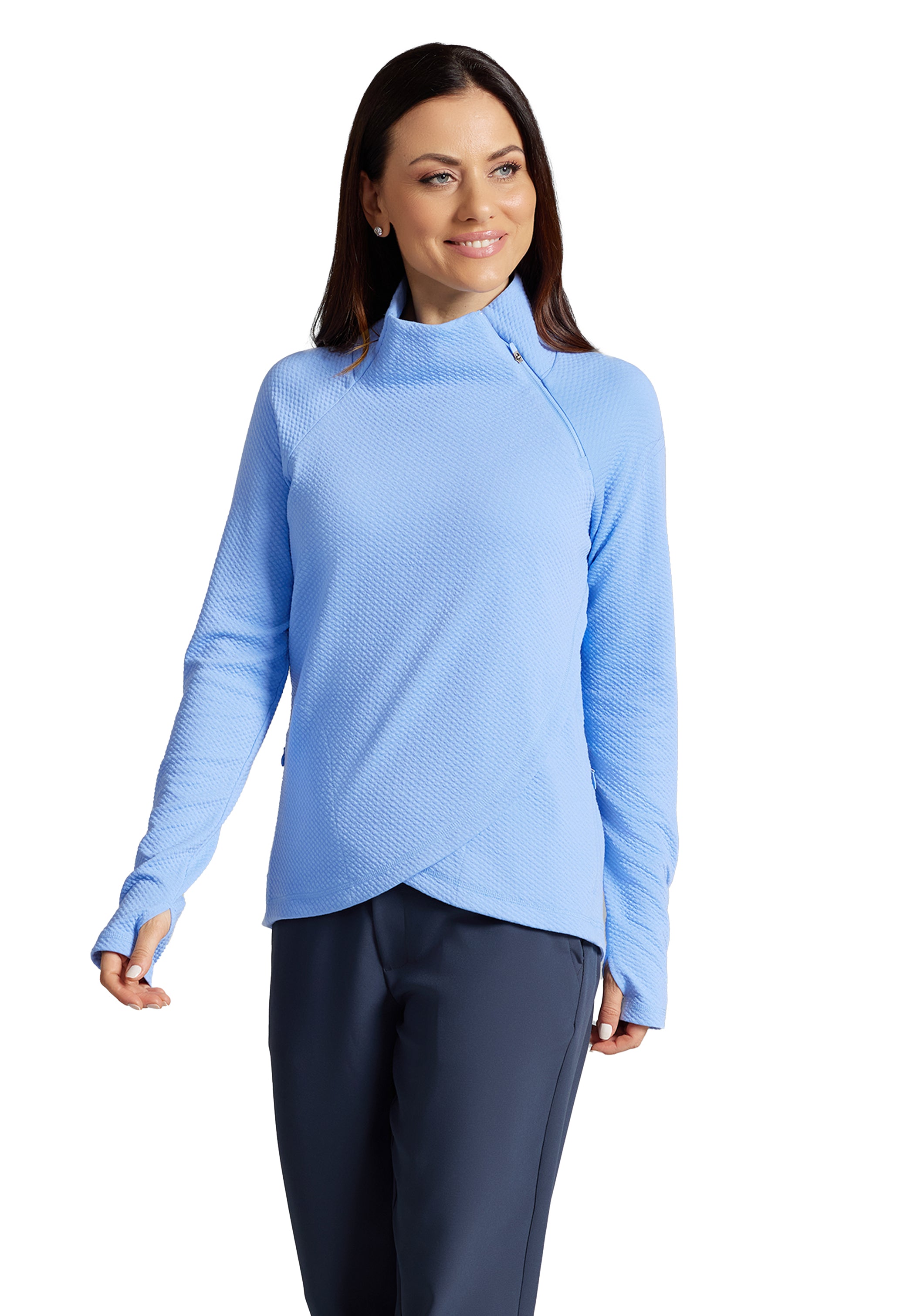 IBKÜL - Solid Popcorn Stitch Asymmetrical Zip Pullover - 64001 - Color: Peri