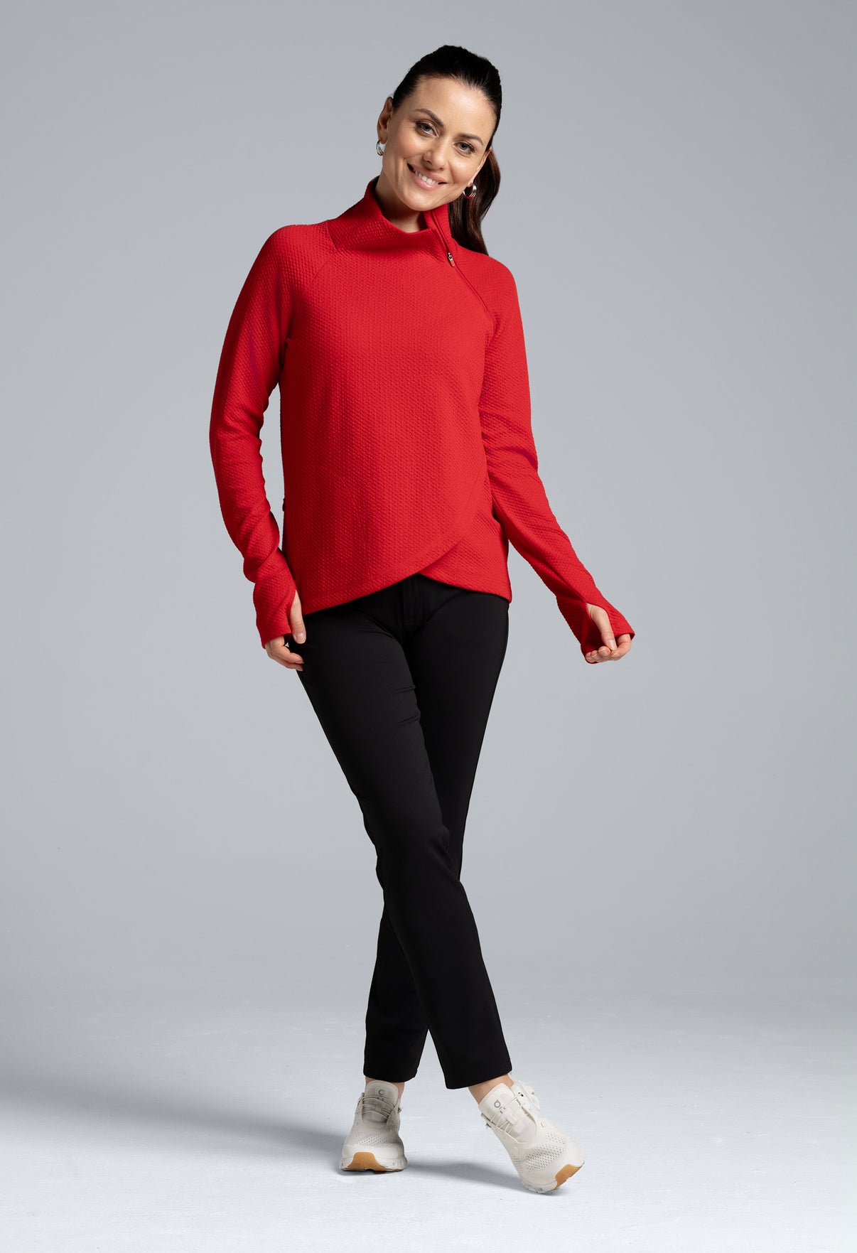 IBKÜL - Solid Popcorn Stitch Asymmetrical Zip Pullover - 64001 - Color: Red