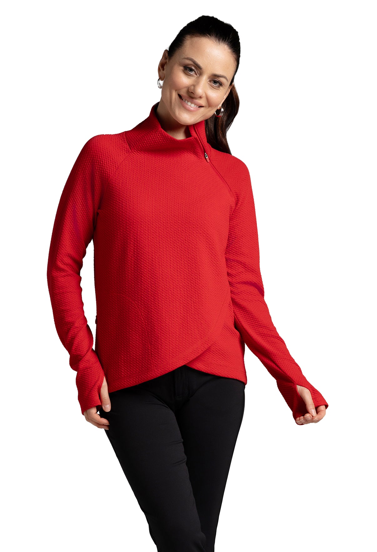 IBKÜL - Solid Popcorn Stitch Asymmetrical Zip Pullover - 64001 - Color: Red