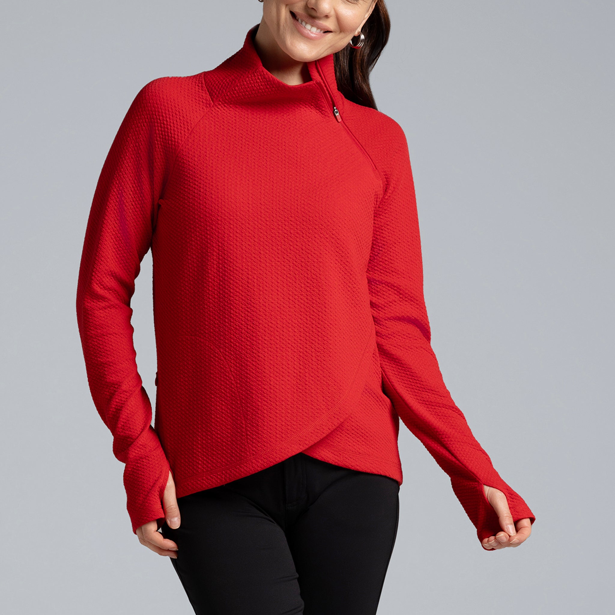 IBKÜL - Solid Popcorn Stitch Asymmetrical Zip Pullover - 64001 - Color: Red