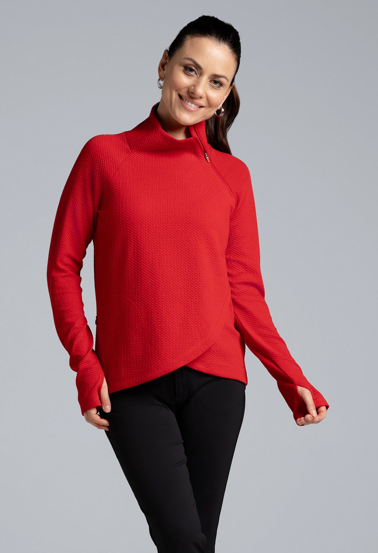 IBKÜL - Solid Popcorn Stitch Asymmetrical Zip Pullover - 64001 - Color: Red