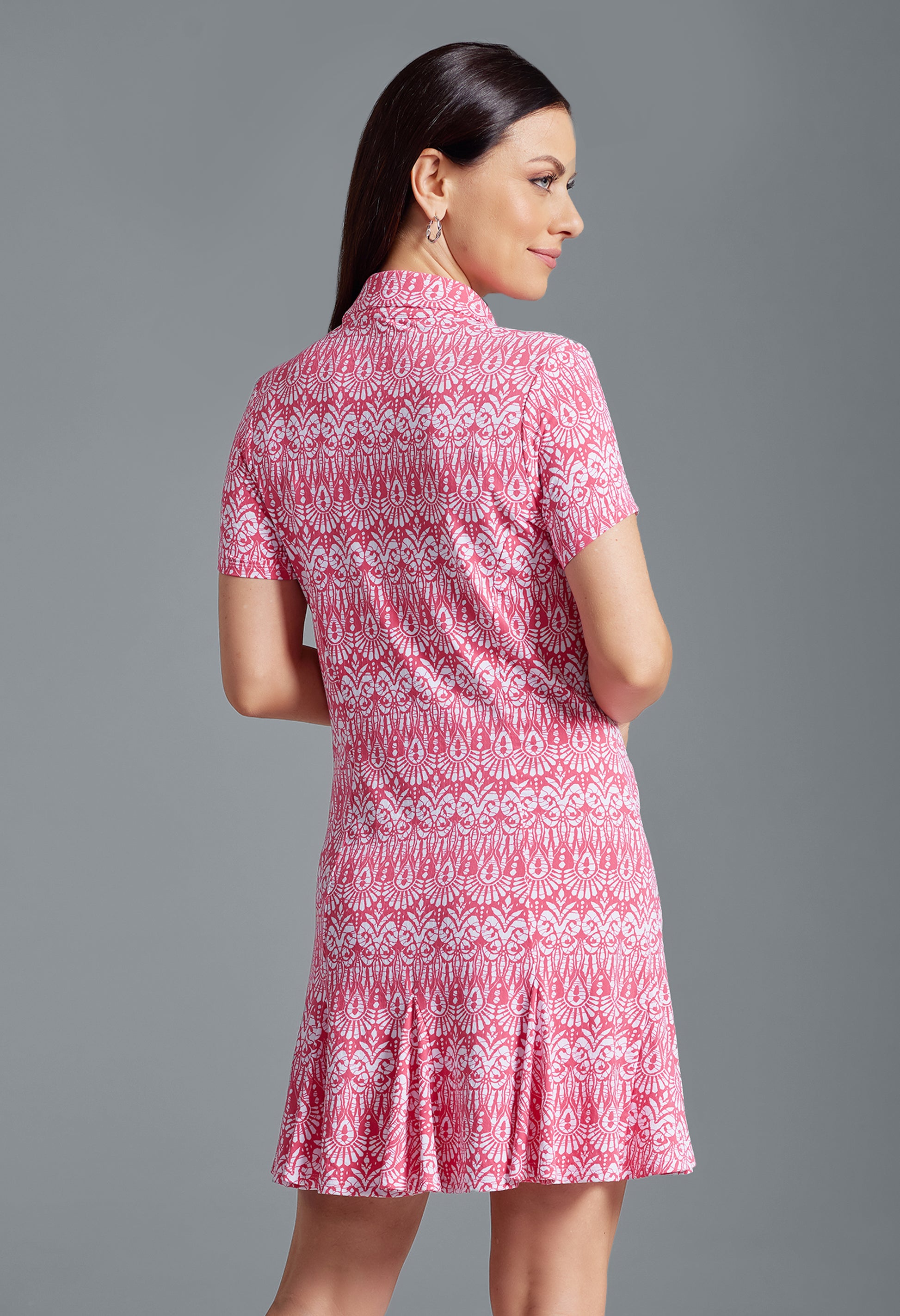 IBKÜL - Barbara Print Short Sleeve Godet Dress – 69086 - Color: Watermelon/White