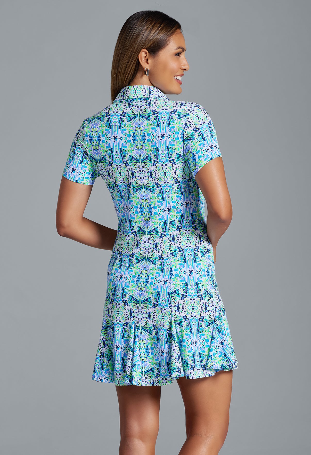 IBKÜL - Ridley Print Short Sleeve Godet Dress – 69089 - Color: Navy Multi