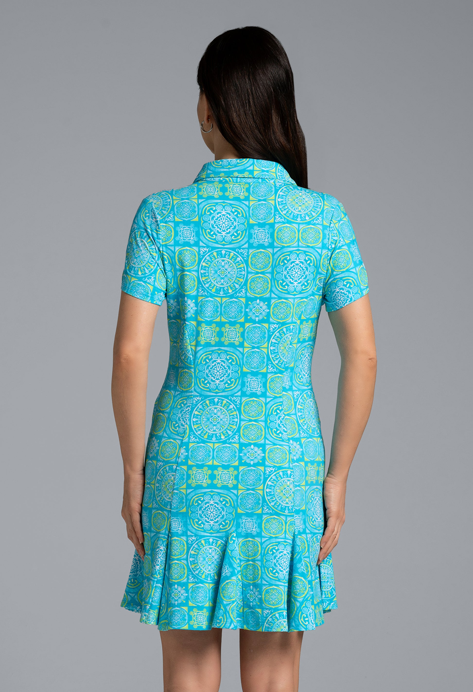 IBKÜL - Colette Print Short Sleeve Godet Dress – 69090 - Color: Turquoise/Lime