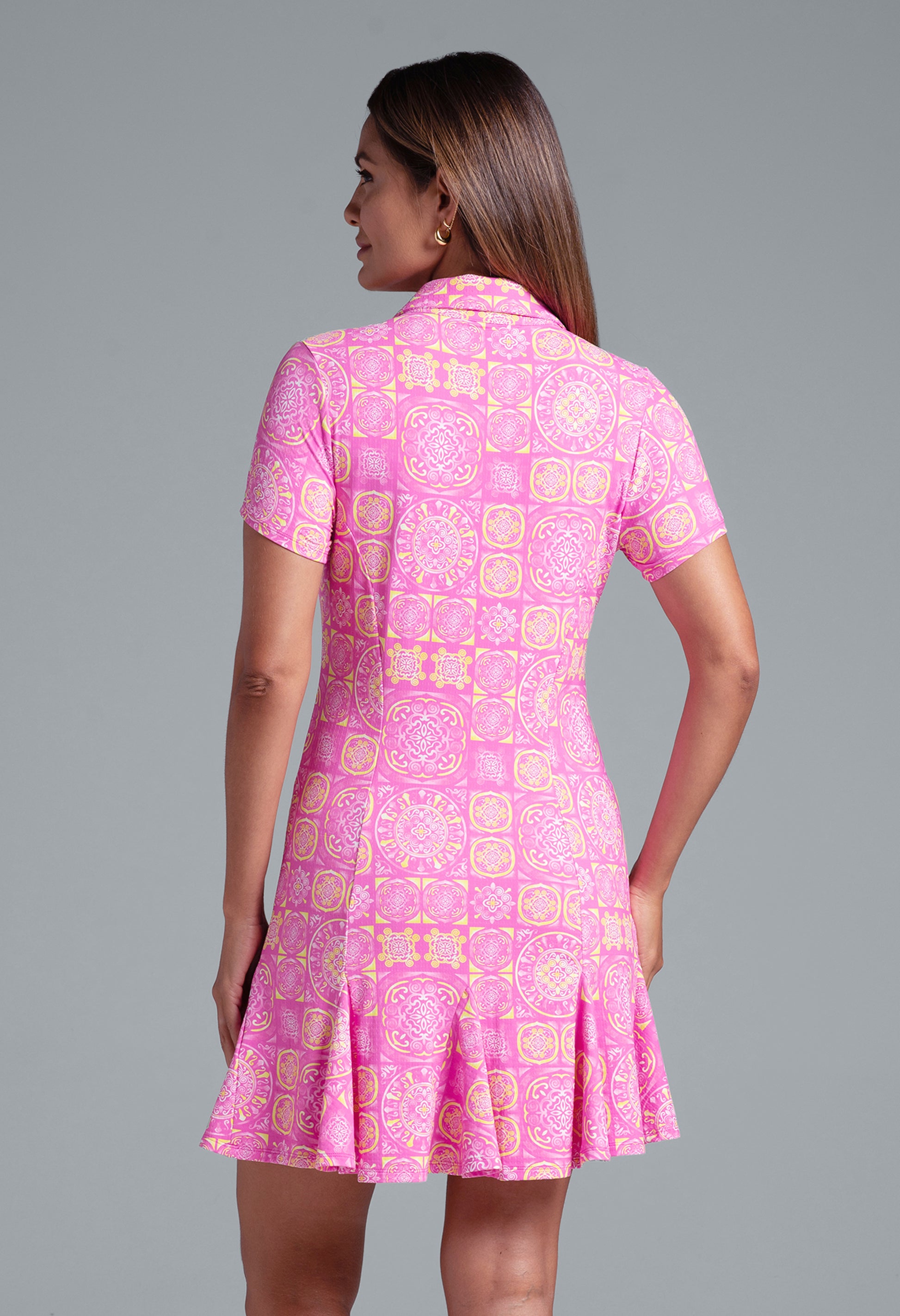 IBKÜL - Colette Print Short Sleeve Godet Dress – 69090 - Color: Hot Pink/Yellow