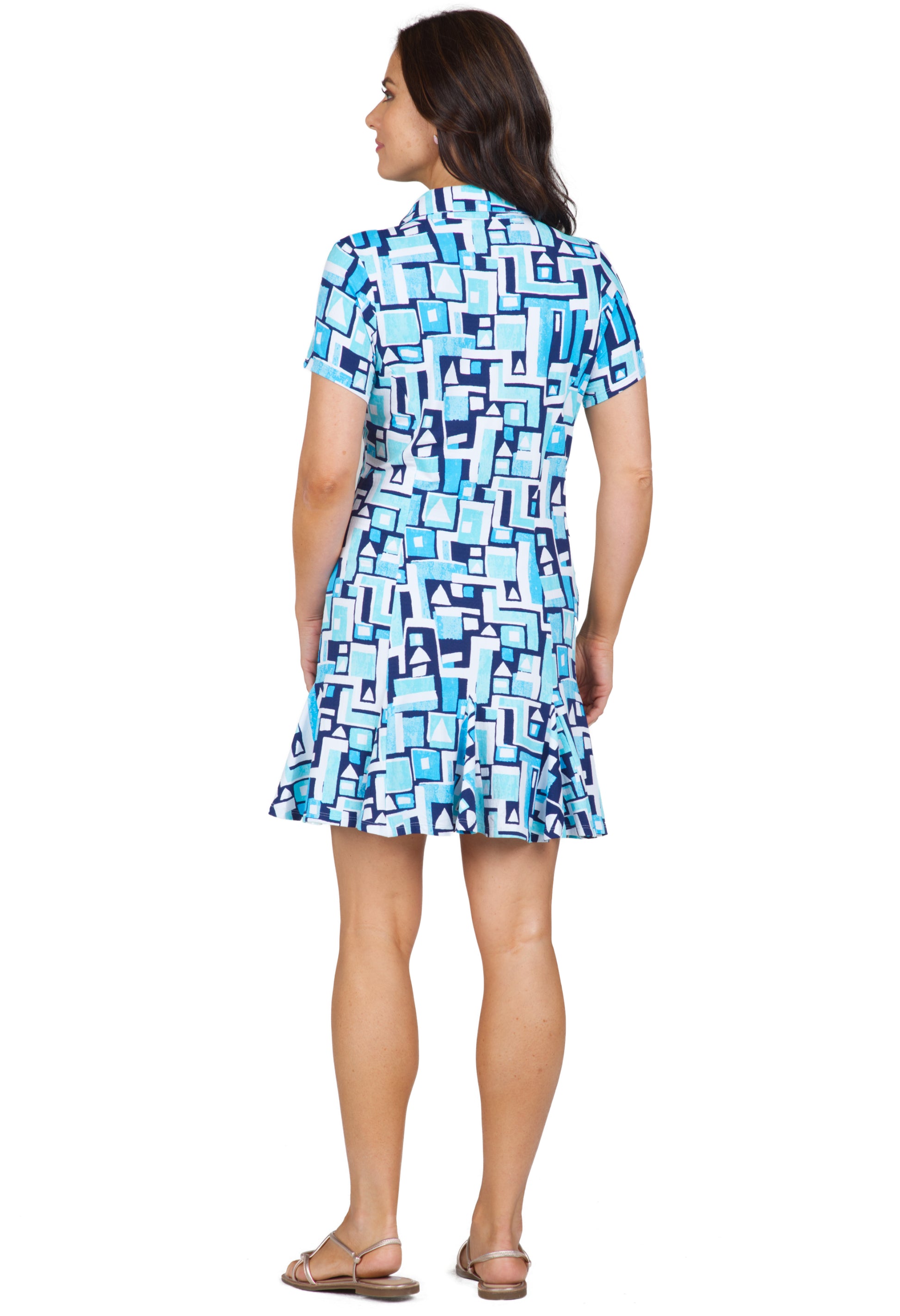 IBKÜL - Jennifer Print Short Sleeve Godet Dress – 69543 - Color: Turq/Navy
