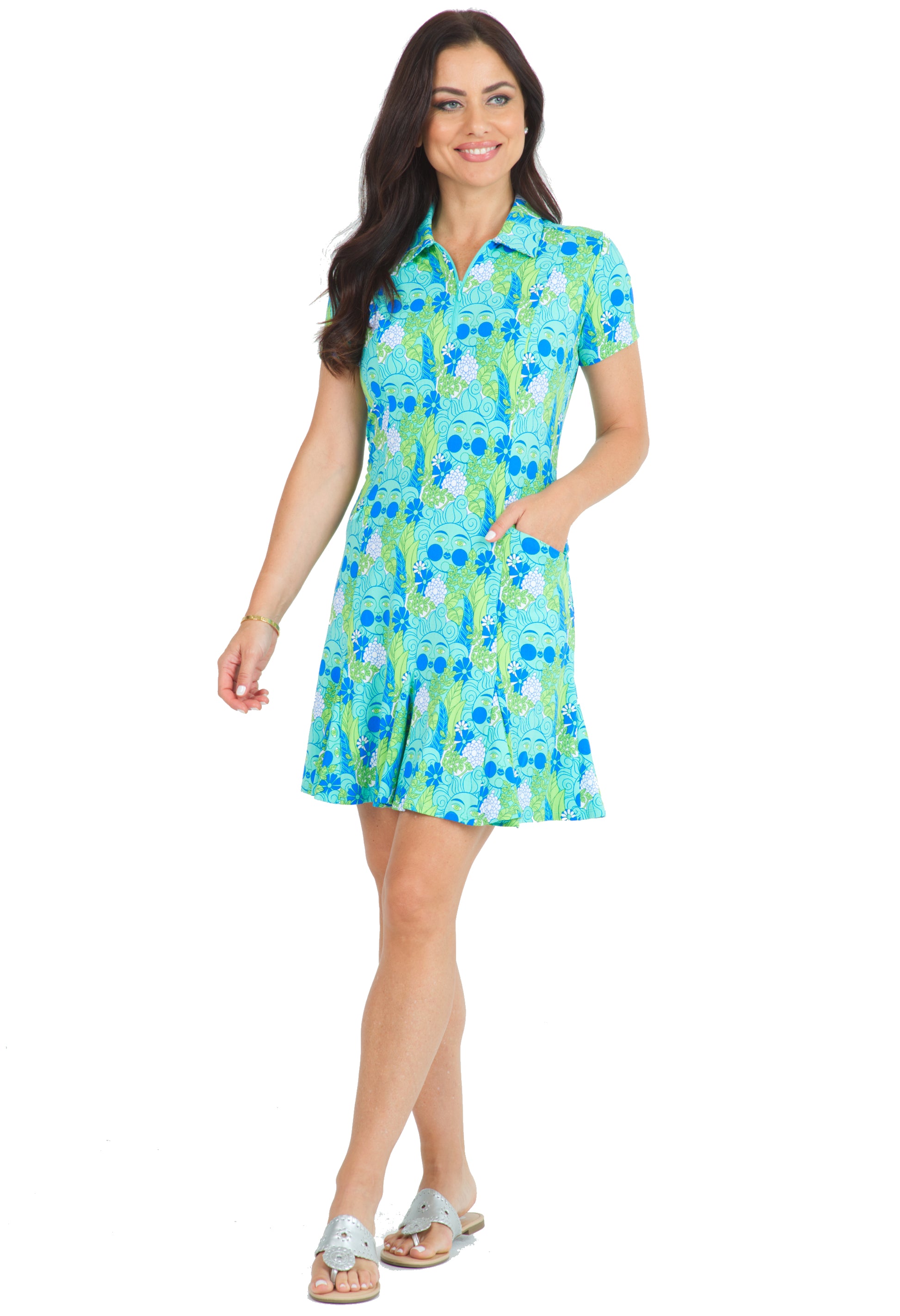 IBKÜL - Nadia Print Short Sleeve Godet Dress – 69760 - Color: Jade/Lime