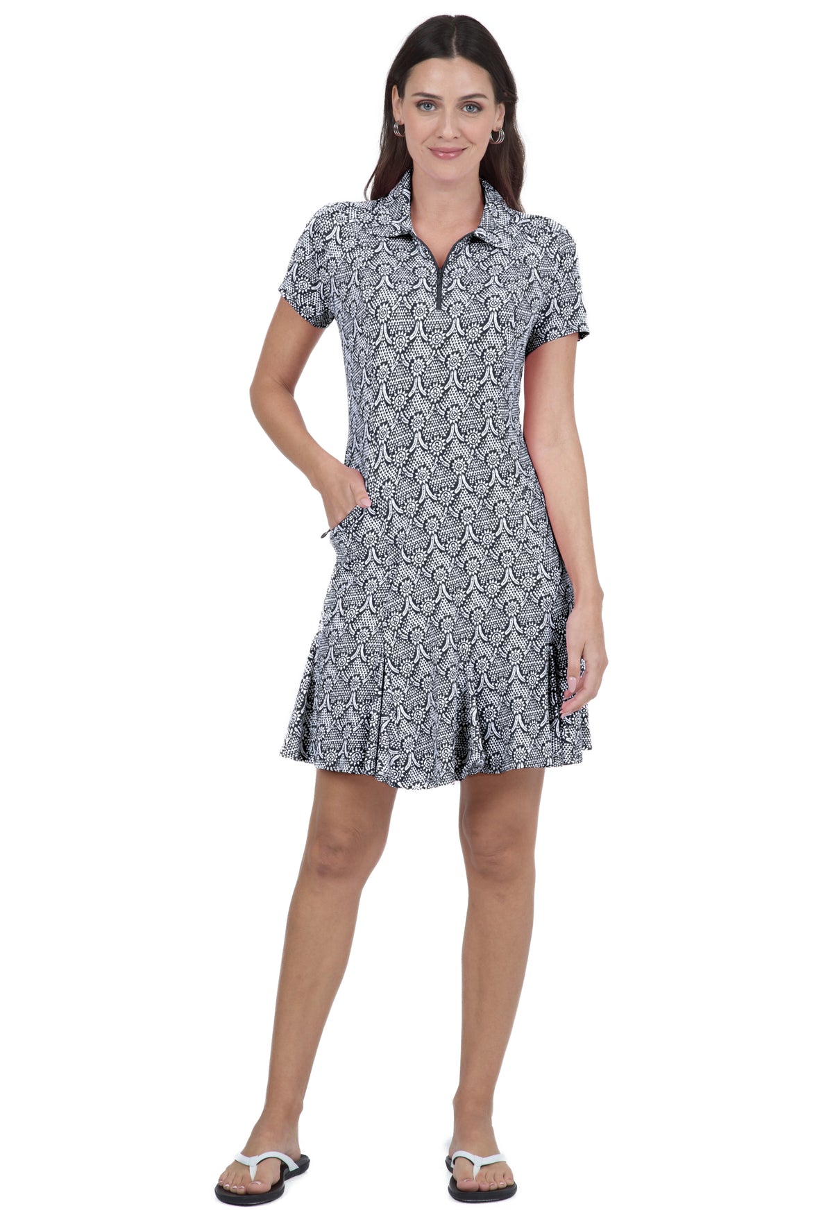 IBKÜL - Leslie Print Short Sleeve Godet Dress – 69868 - Color: Black/White