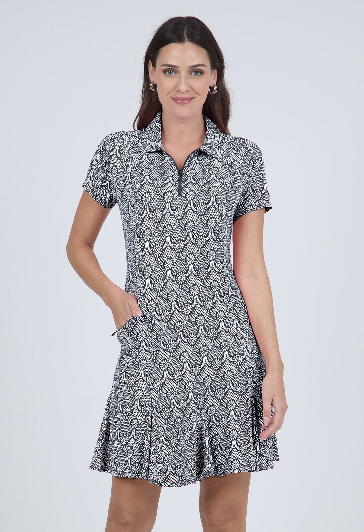 IBKÜL - Leslie Print Short Sleeve Godet Dress – 69868 - Color: Black/White