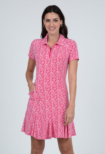 IBKÜL - Leslie Print Short Sleeve Godet Dress – 69868 - Color: Watermelon/White