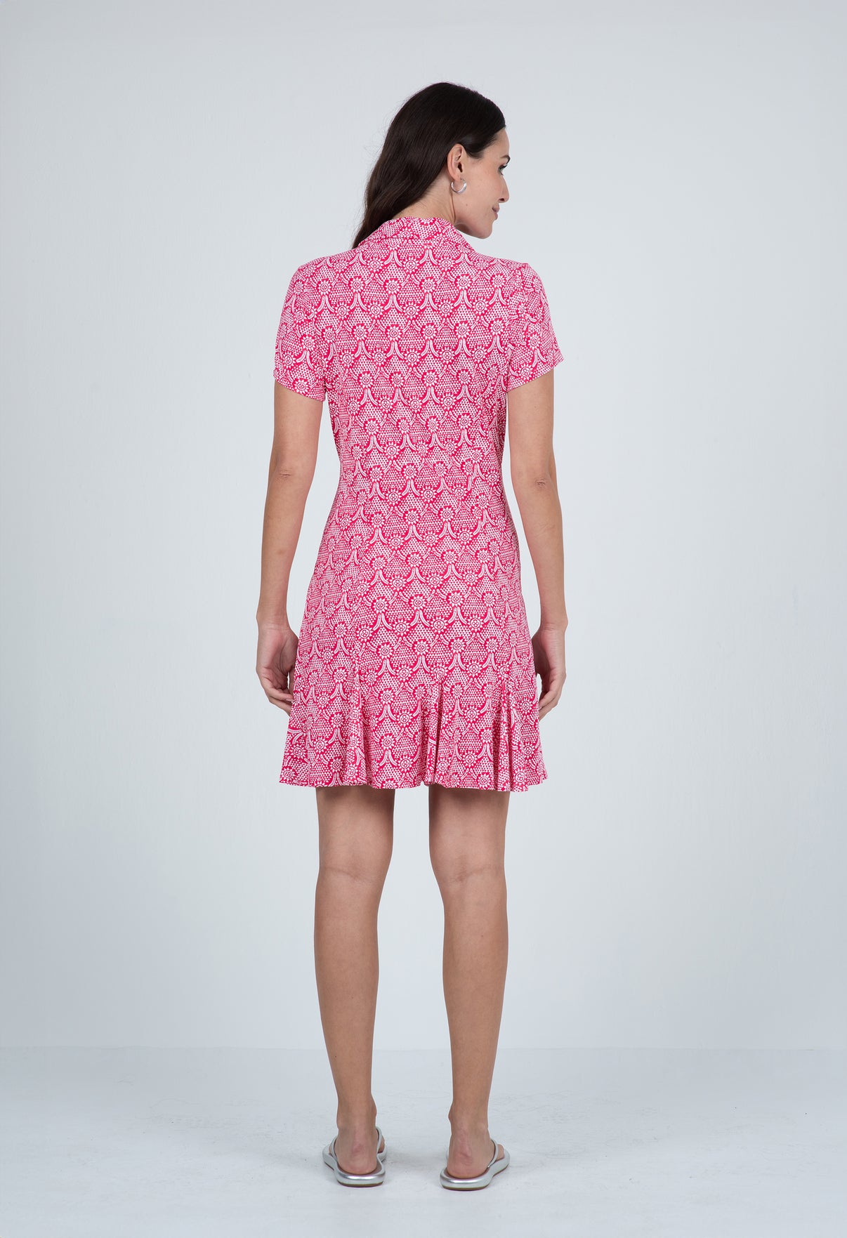 IBKÜL - Leslie Print Short Sleeve Godet Dress – 69868 - Color: Watermelon/White